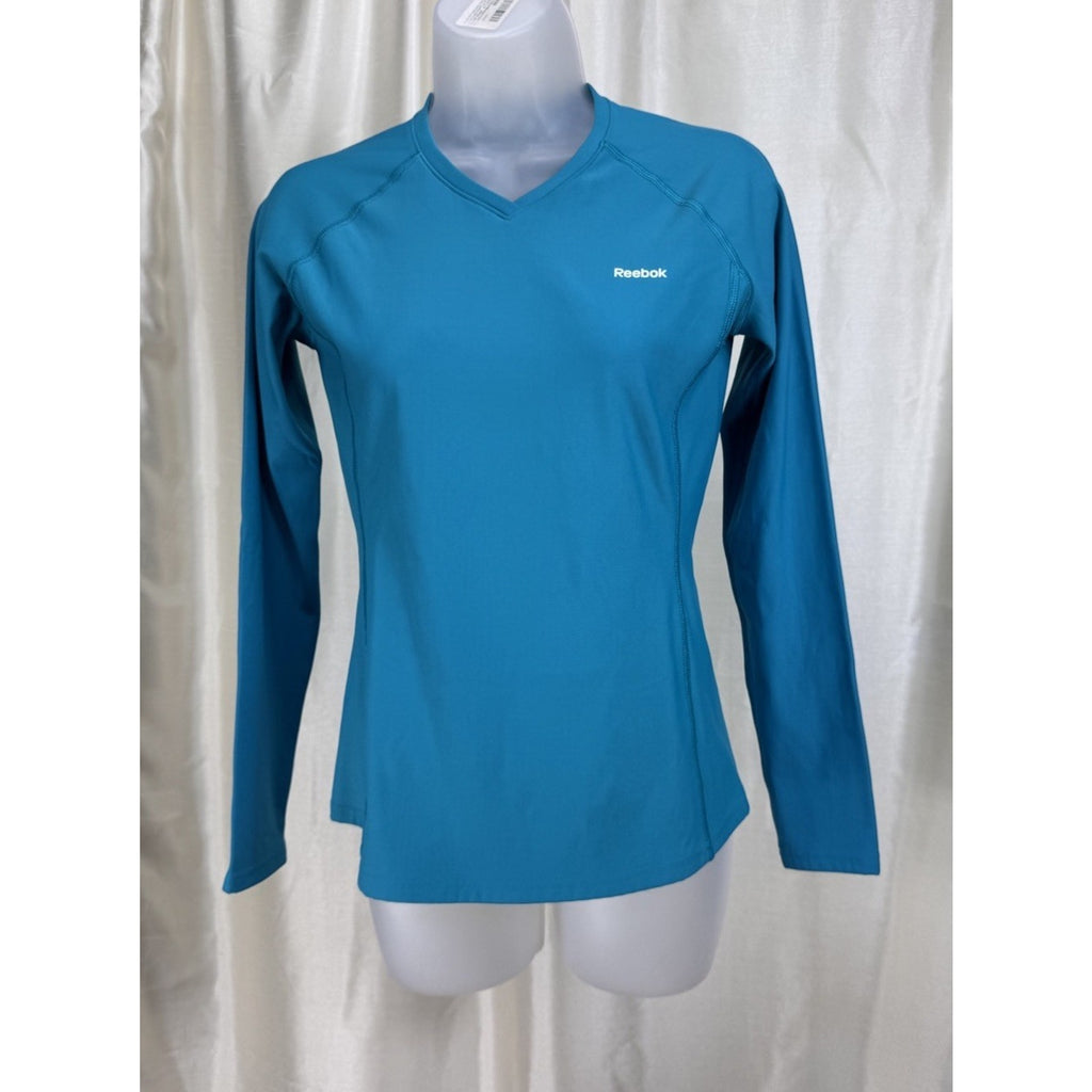 WOMEN'S Reebok Play Dry Long Sleeve V Neck Teal Active Top Size Small