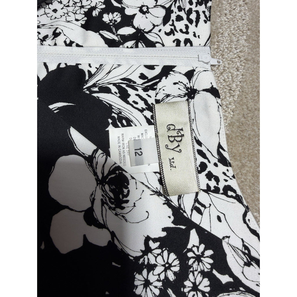 dBy Ltd Black White Floral Dress Womens 12 Sleeveless A-Line Stretch Lined