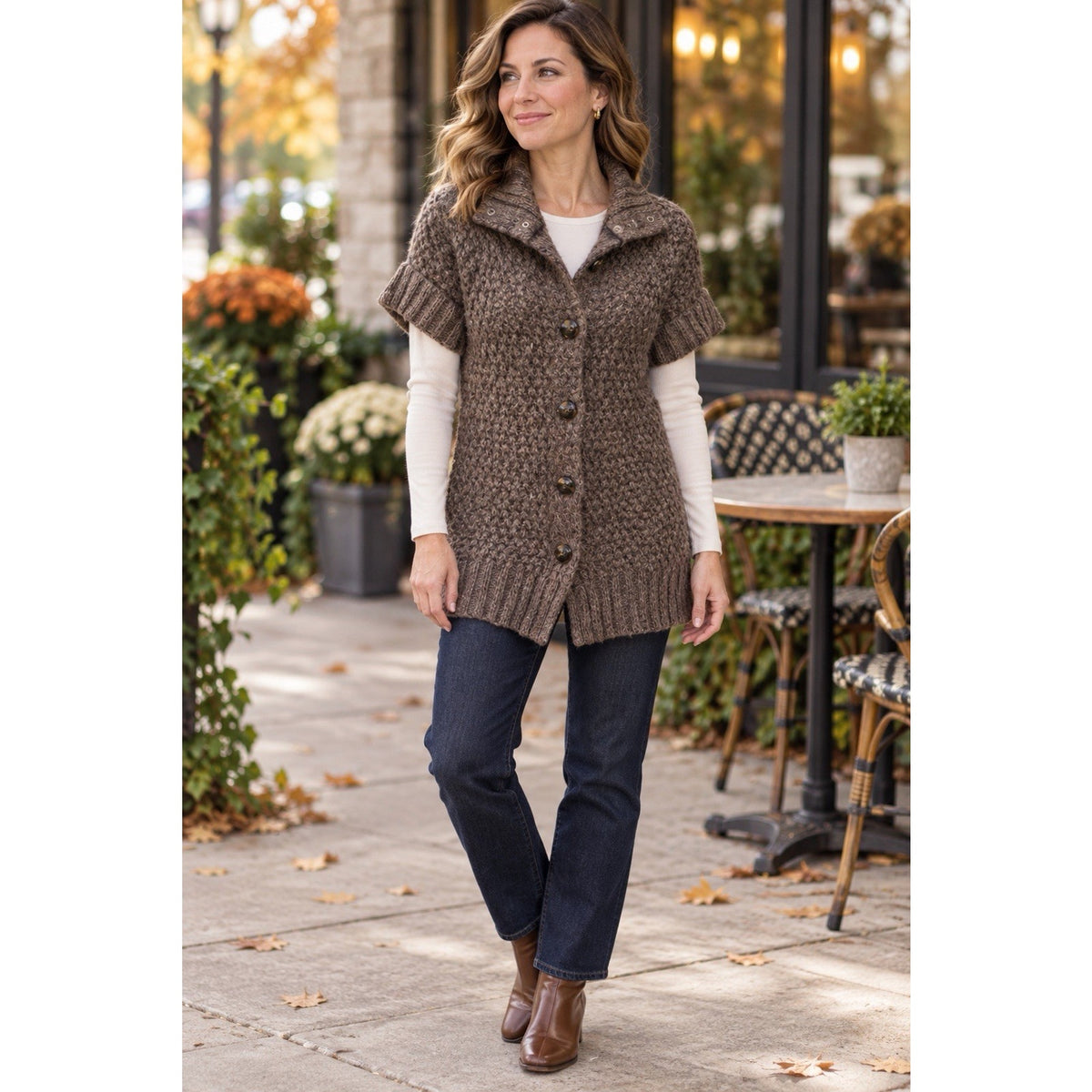 Ann Taylor LOFT Cardigan XS Petite Brown Wool Alpaca Chunky Knit Short Sleeve