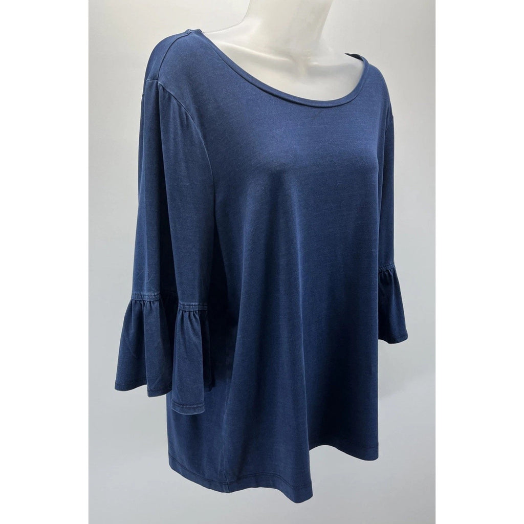 Chico's Navy Semi Sheer Stretch Top 3/4 Bell Sleeve Size 3 EUC