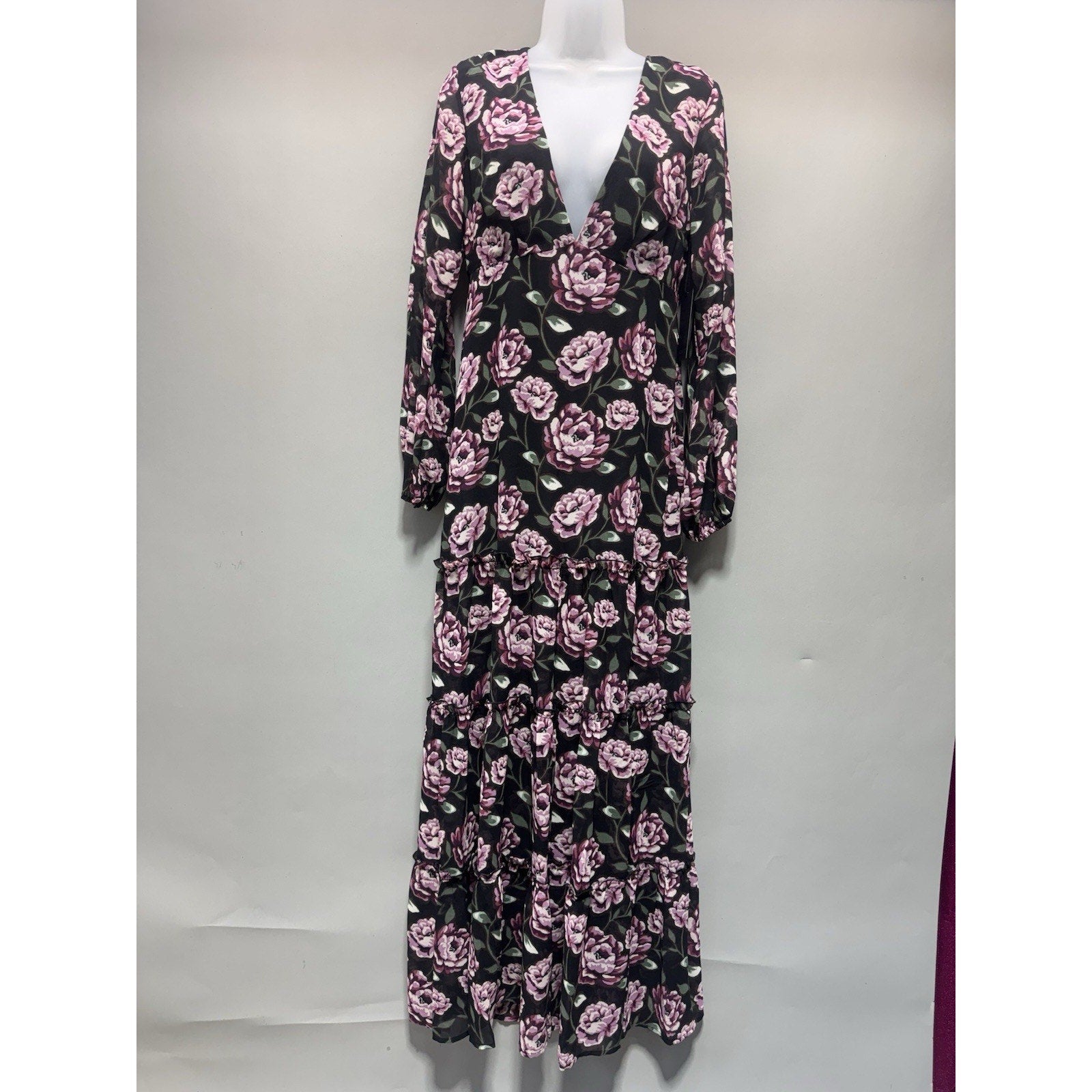NWT Forever 21 Floral Maxi Dress Womens Small Black Pink Long Sleeve Cottagecore