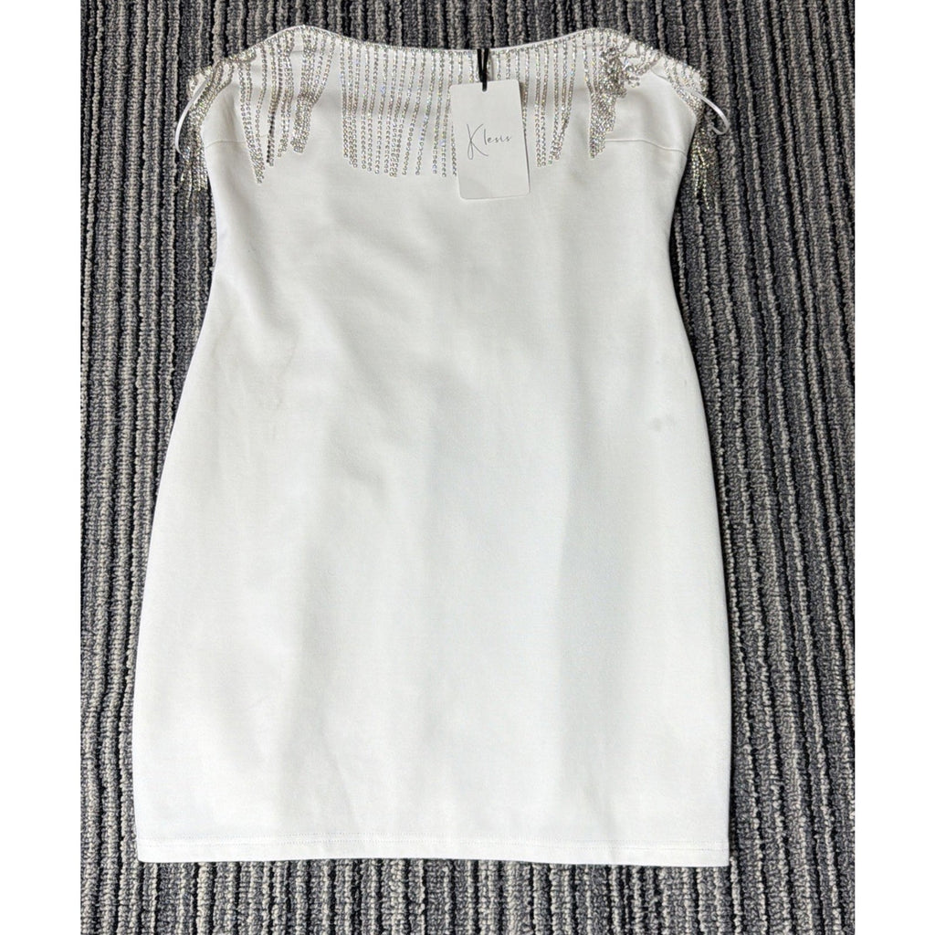 Klesis Marry Me Fringe Lined Mini Dress NWT Size Large