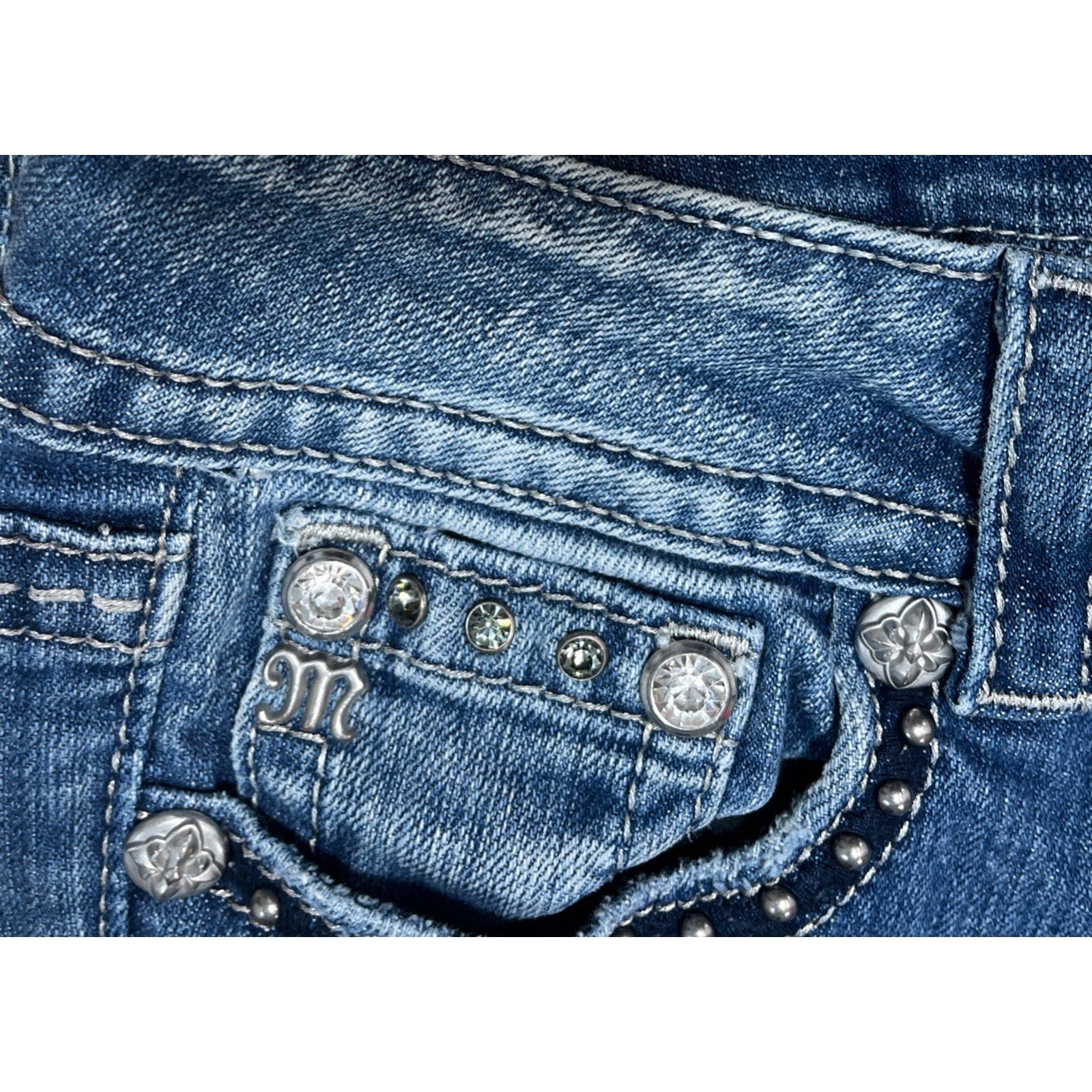 Miss Me Bootcut Jeans Size 26x27 Blue Low Rise Thick Stitch Studded Denim Hem