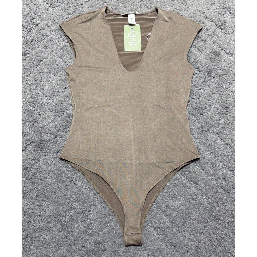 H&M Biege Cap Sleeve Biege Satin Jersey Bodysuit Size Medium NWT