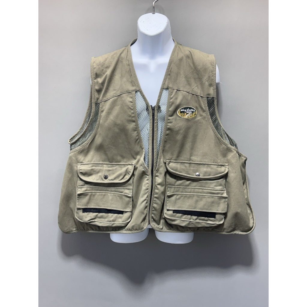 Vintage Shooting Fishing Vest Mens 1X Khaki Mesh Utility Full Zip Multi Pocket