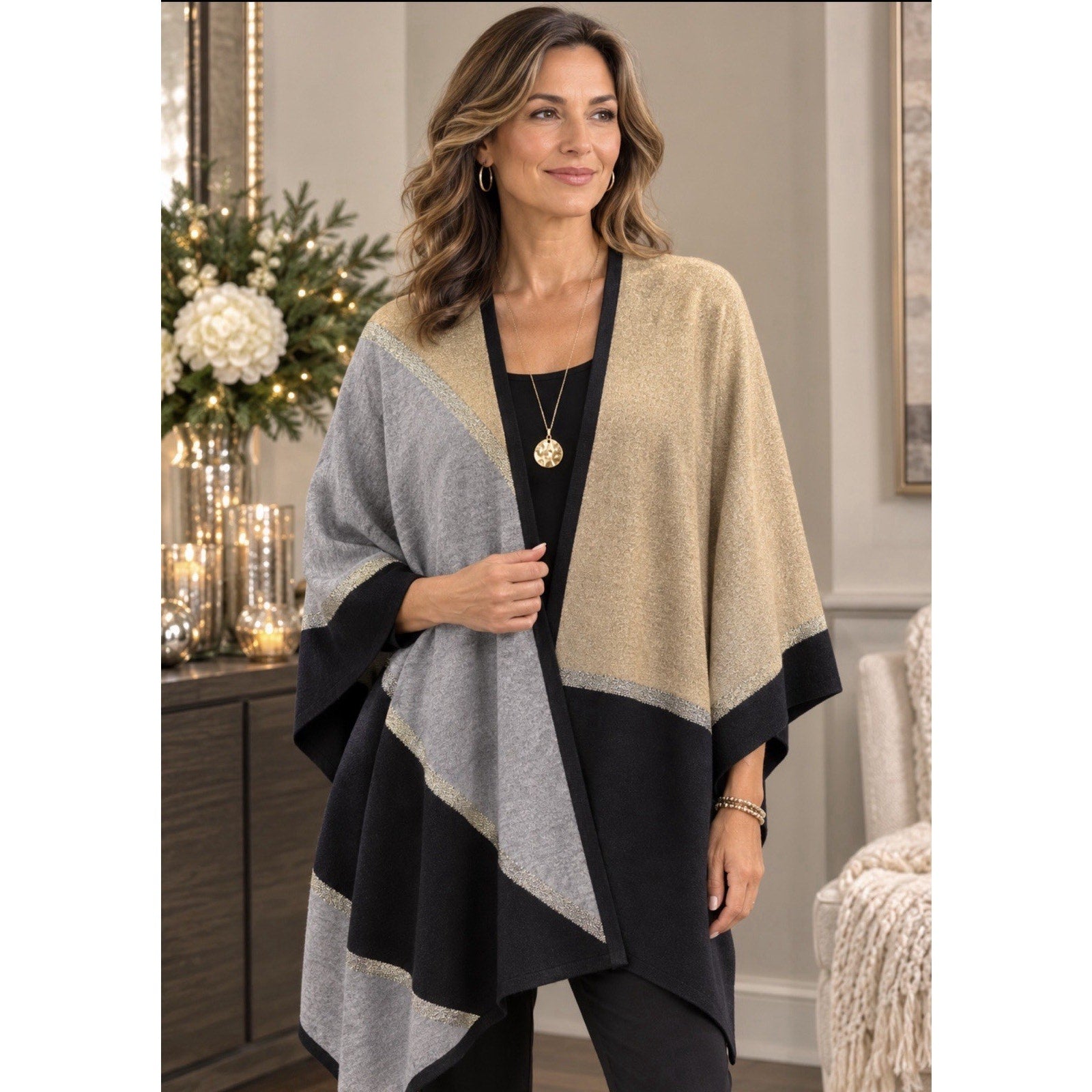 Chico’s Colorblock Lurex Ruana L/XL NWT Gold Gray Black Metallic Poncho Wrap