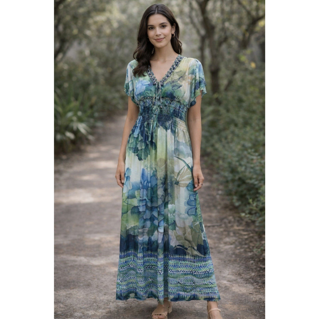 One World Live & Let Live SP Petite Maxi Dress Blue Green Beaded Boho