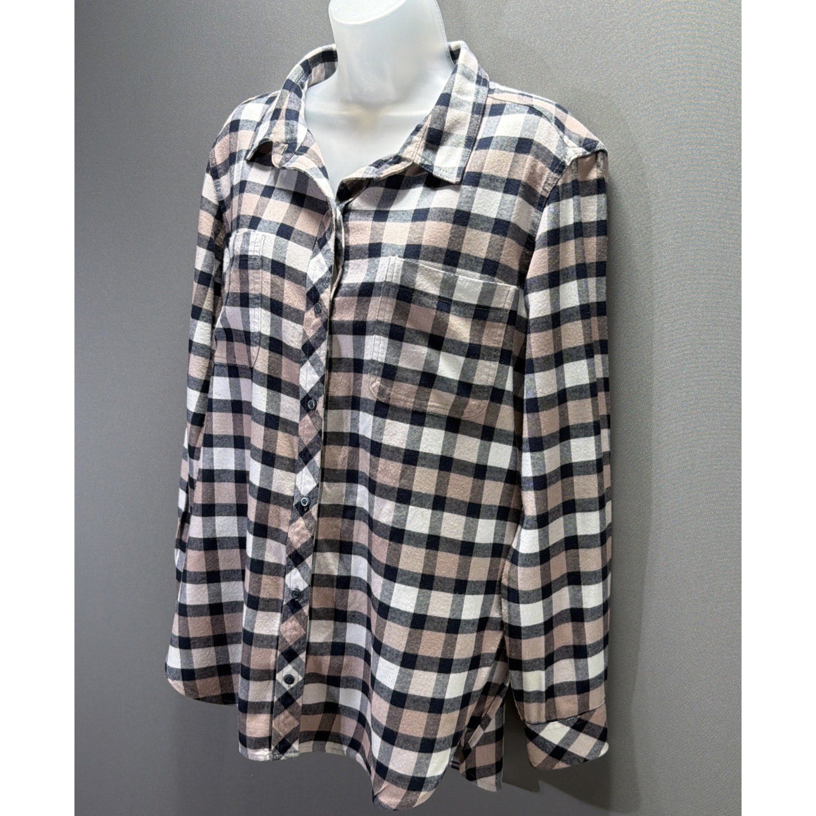 Athleta Pink Navy Lumberjilll Cotton Blend Plaid Button Down Shirt Size M
