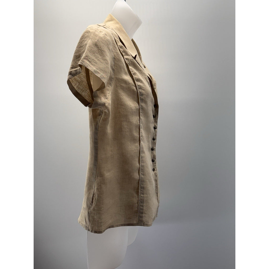 Jones New York Tan Linen Cap Sleeve Button Down Blouse Designer Buttons Size 12