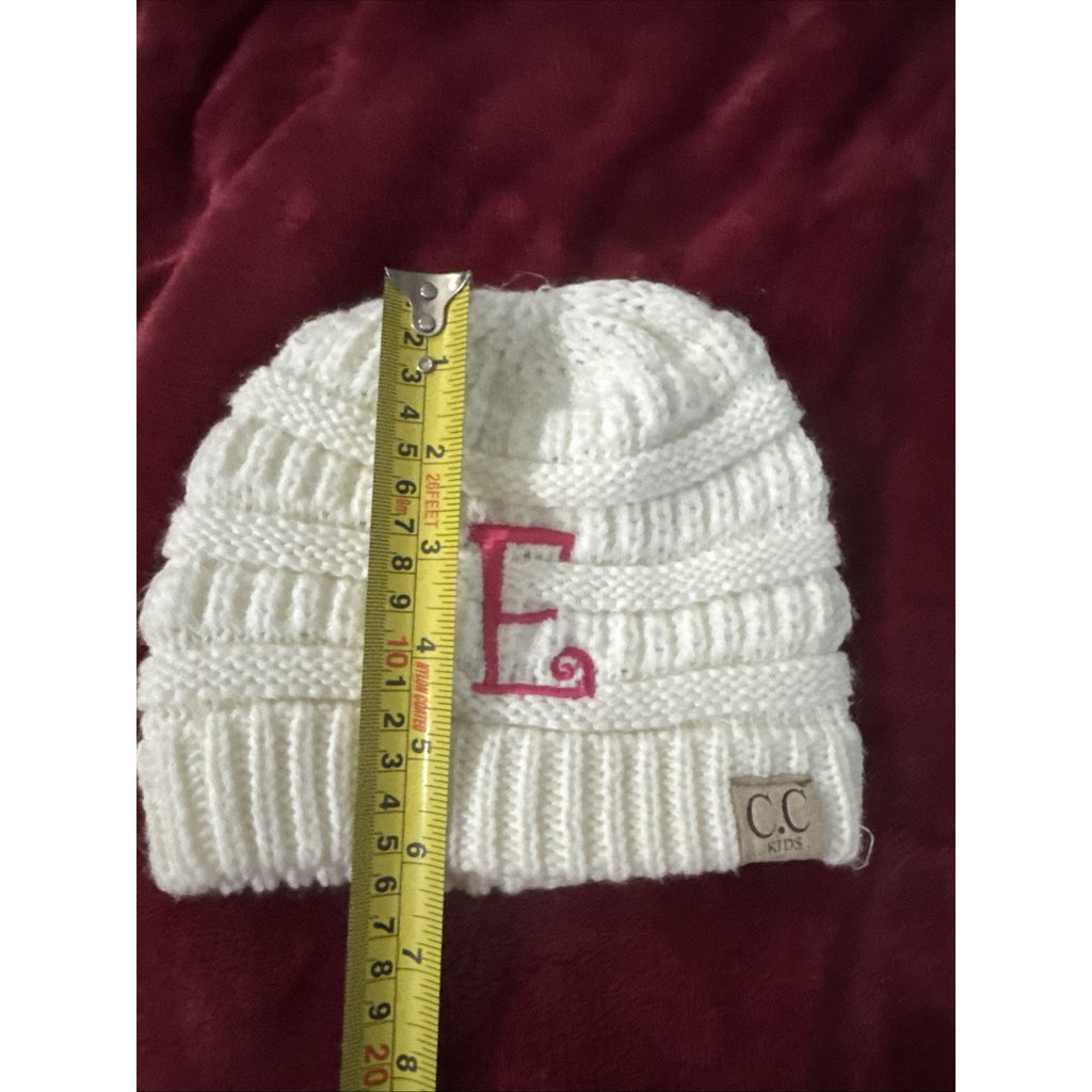 C.C Kids Girls Ivory Cable Knit Beanie Pink E Monogram Winter Hat One Size