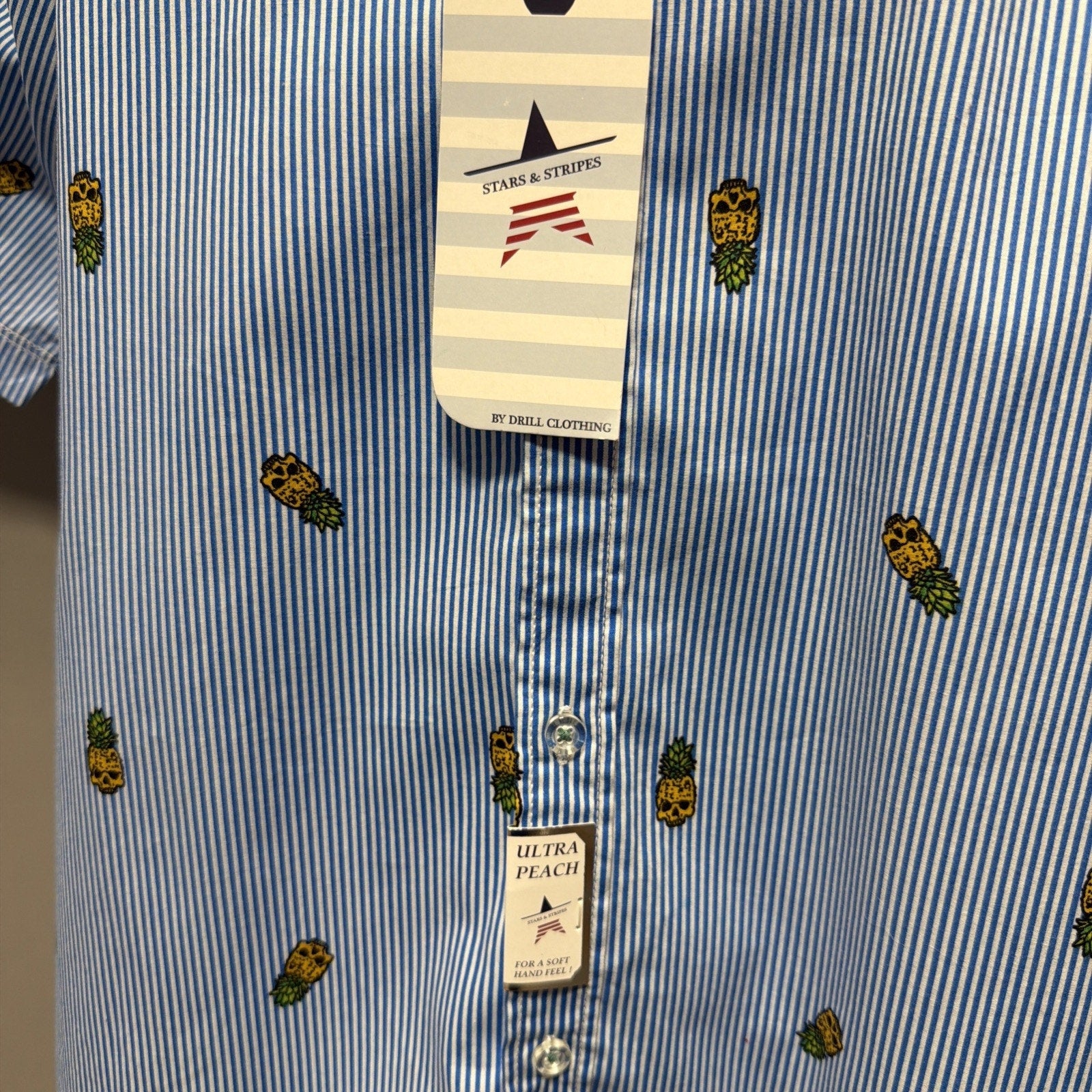 NWT Stars & Stripes XL Pineapple Skull Button Up Shirt Blue Striped Slim Fit