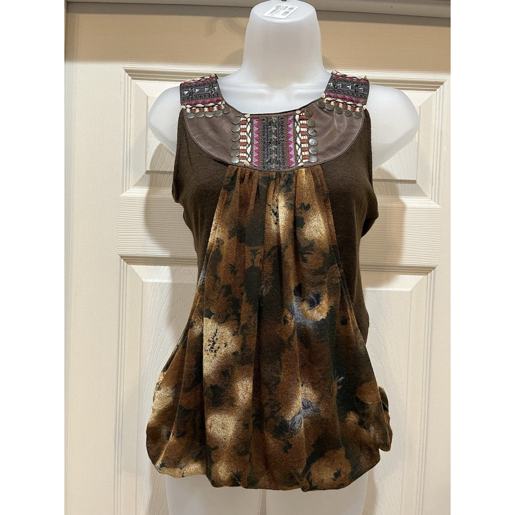 Lulumari Tank Top Womens Small Brown Sequins Front Smocking Waist Satin Blouse