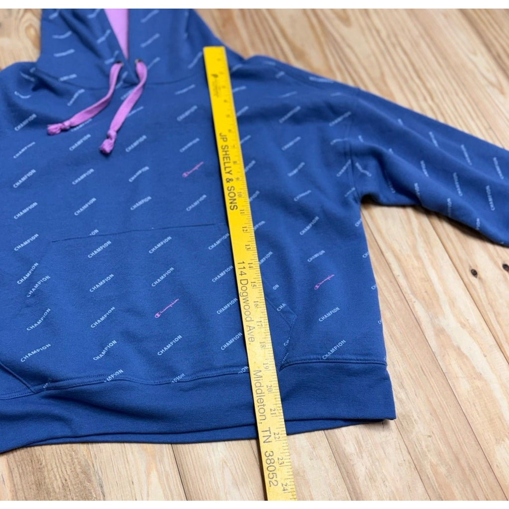 Champion Women's Hoodie All Over Print Spell Out Pullover Relaxed Size Medium