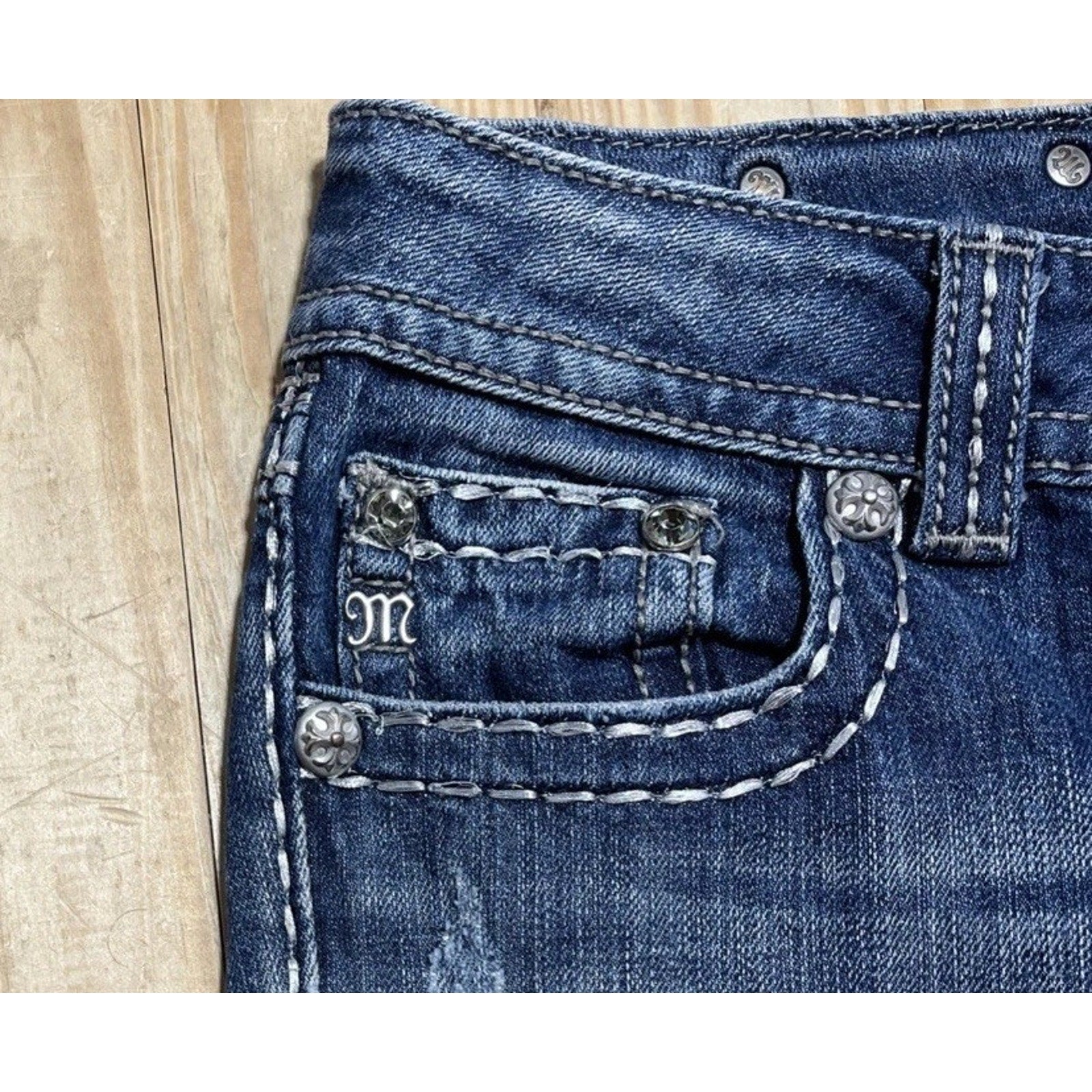 Miss Me Jeans size 29 Womens Boot Cut Mid Rise thick Stitch Flap Denim