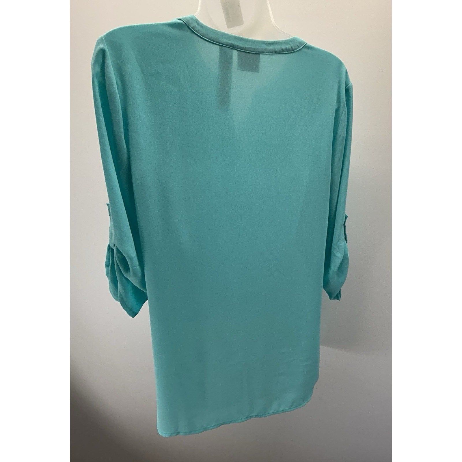 CHICO'S Size 0 Small Womens Teal Split Neck Long Sleeve Sheer Blouse .