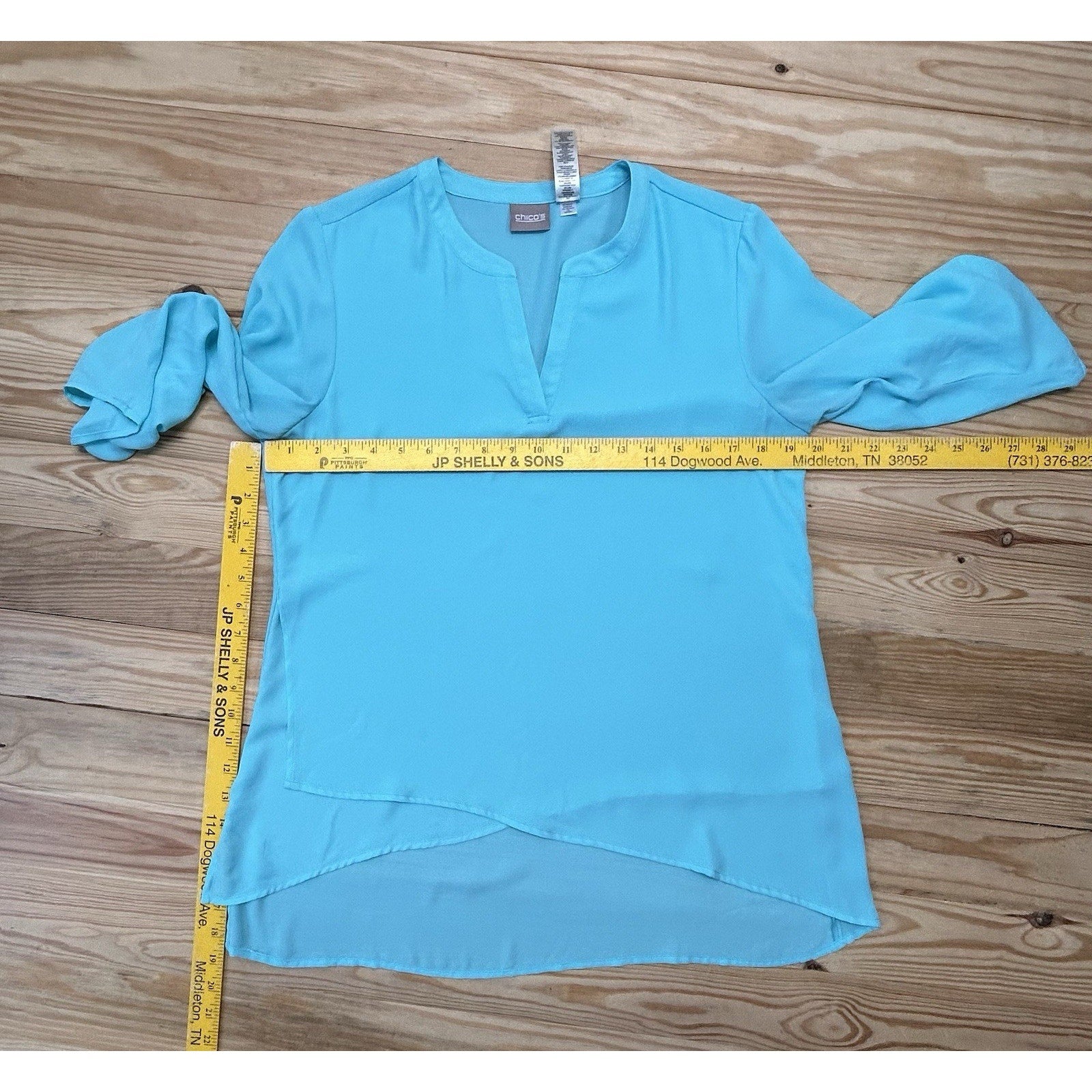 CHICO'S Size 0 Small Womens Teal Split Neck Long Sleeve Sheer Blouse .