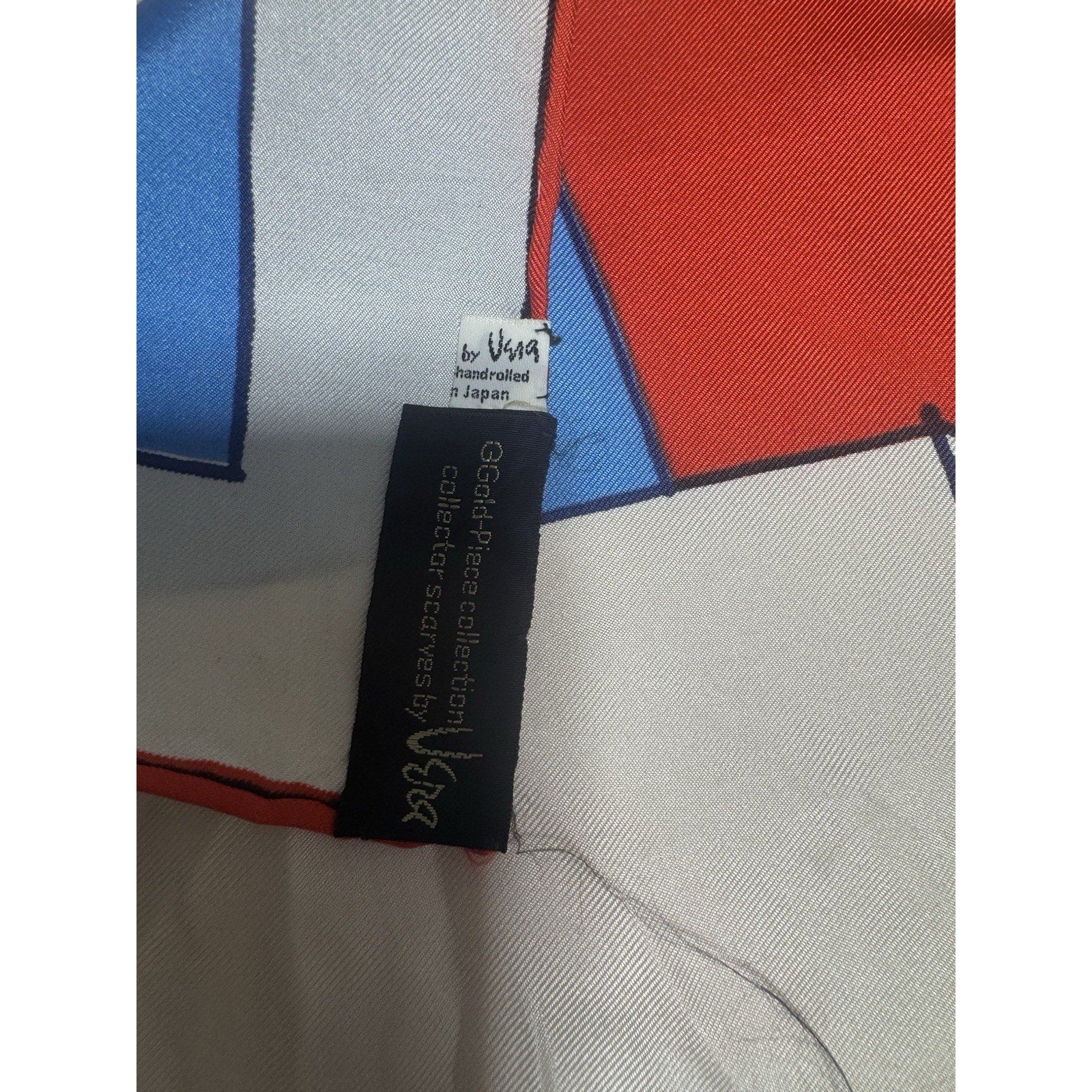 Vera Neumann Vera Op Art Silk Scarf Japan Hand Rolled Red Blue White Geometric