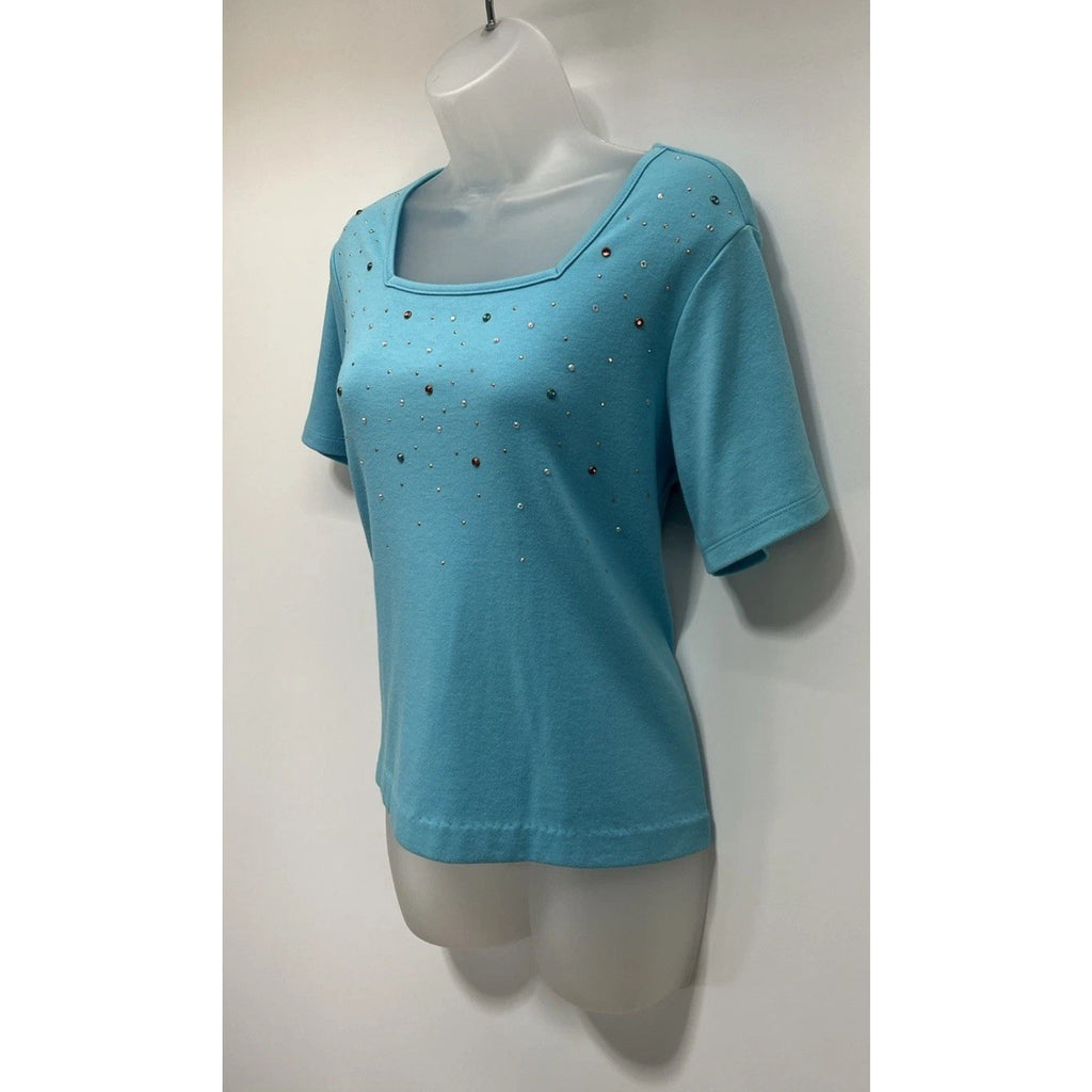 Quacker Factory Rhinestone Embellished Short Sleeve Top Blue Sz S Colorful Gems