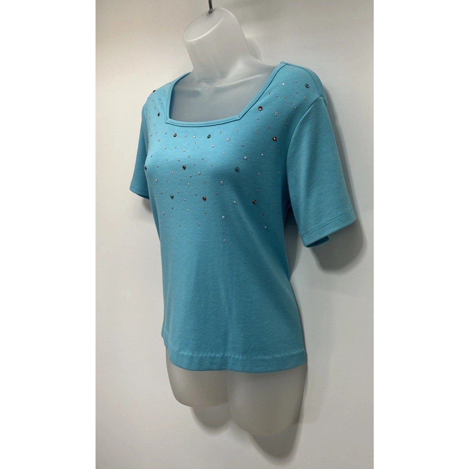 Quacker Factory Rhinestone Embellished Short Sleeve Top Blue Sz S Colorful Gems