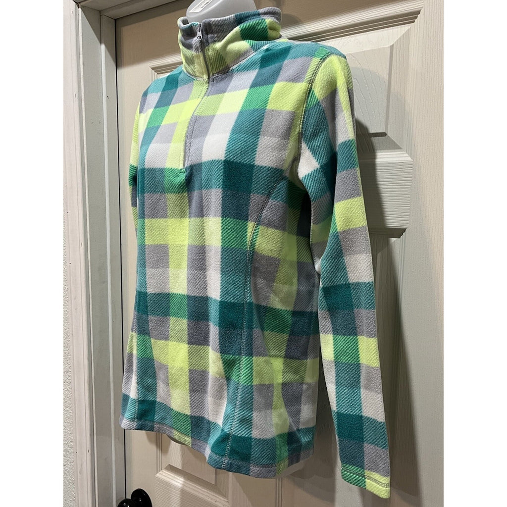 Old Navy Fleece Pullover Large Green Blue Plaid 1/4 Zip Jacket Sweater Women