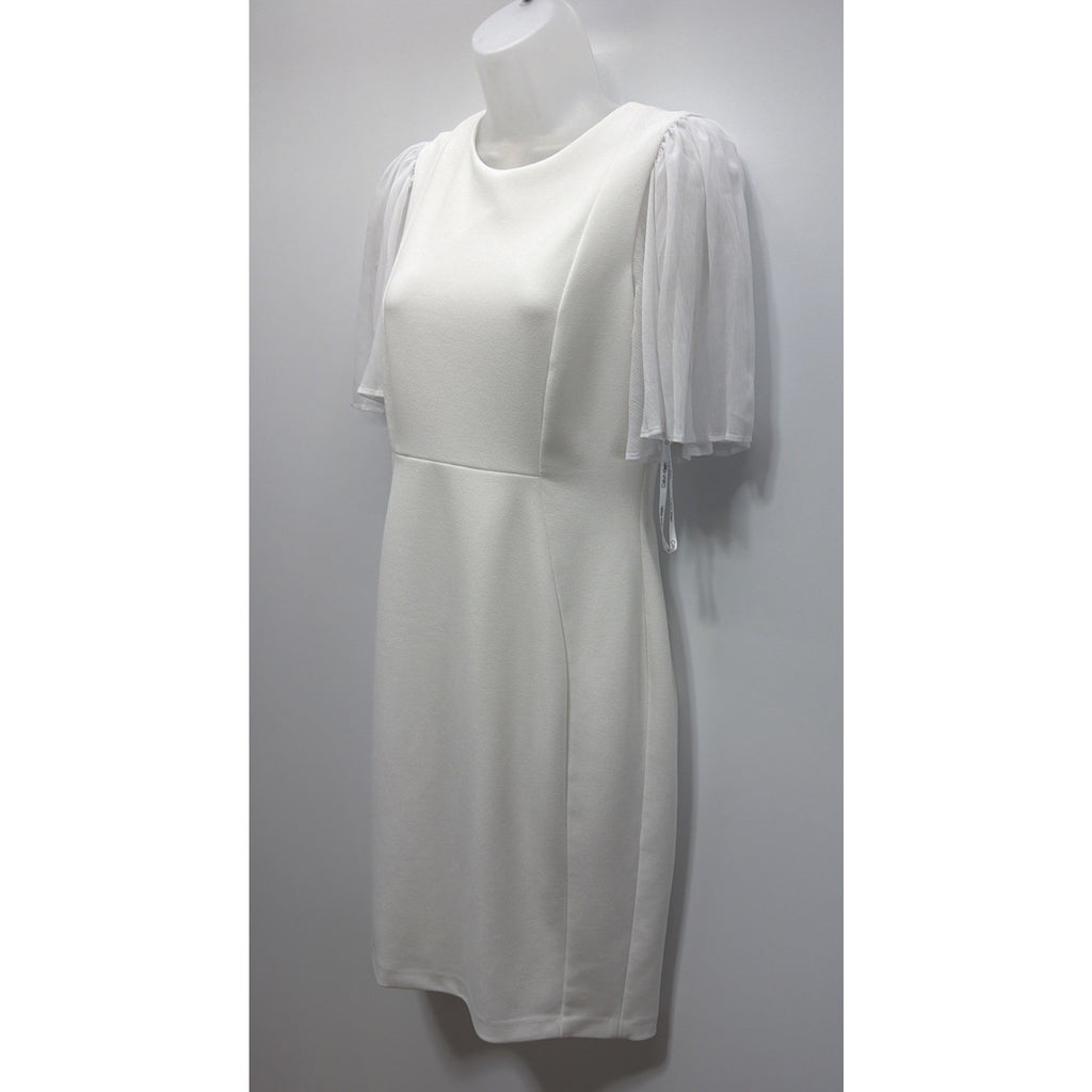 CALVIN KLEIN FLUTTER CHIFFON SLEEVE W/ BUTTONS SHEATH DRESS, WHITE, SIZE 6