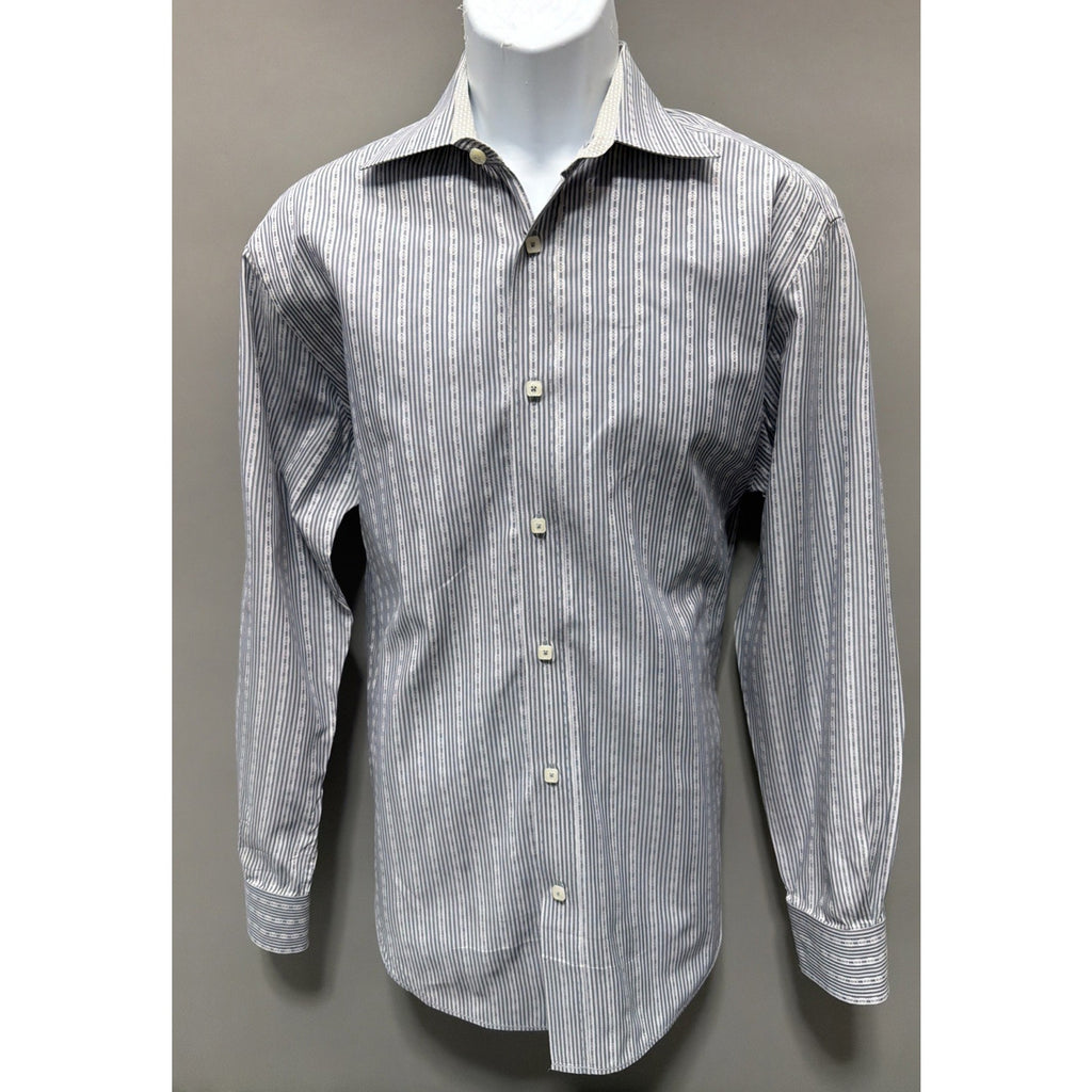 BUGATCHI Shaped Fit Large Blue Geometric Striped Flip Cuff Casual Mens