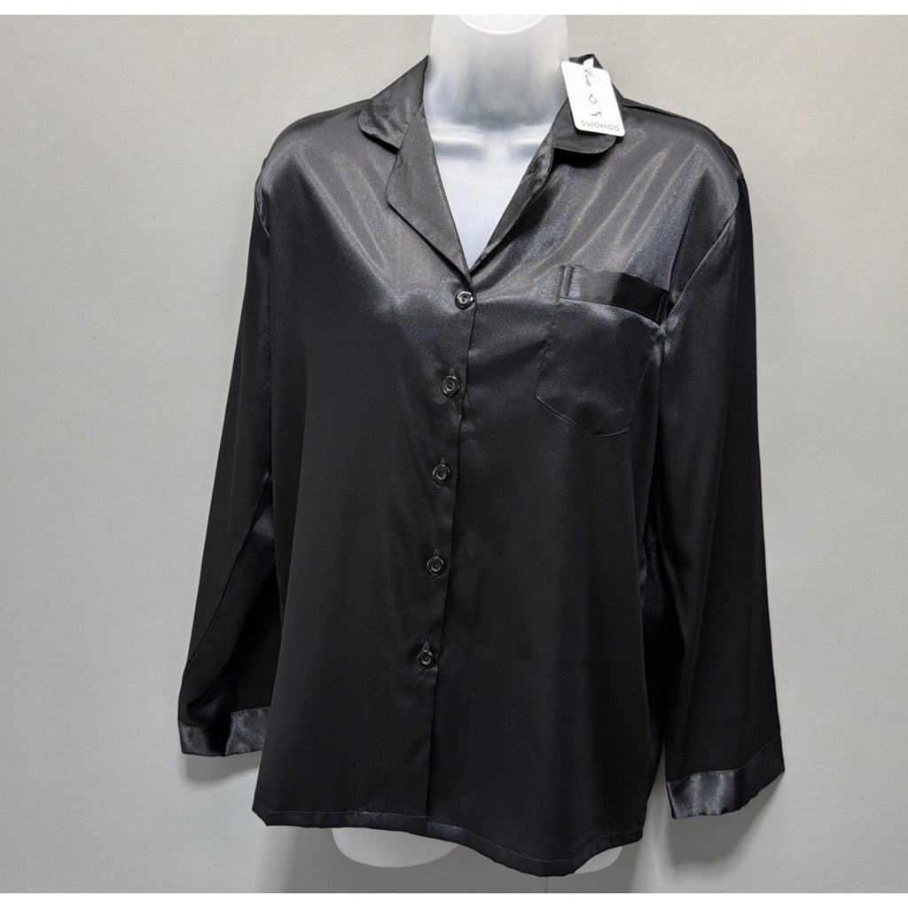 SWOMOG Womens Pajamas Top Silky Satin Sleepwear Long Sleeve Small Black
