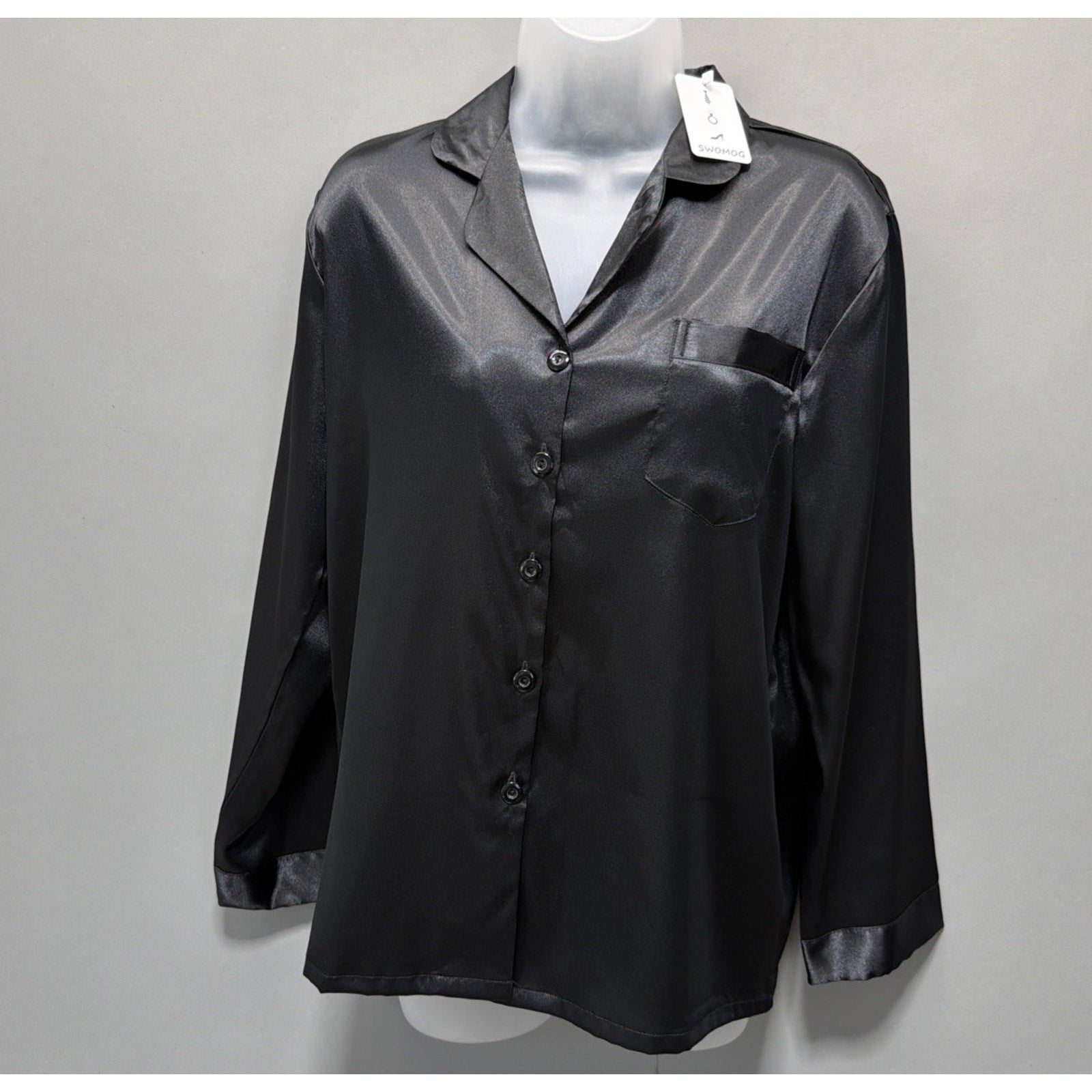 SWOMOG Womens Pajamas Top Silky Satin Sleepwear Long Sleeve Small Black