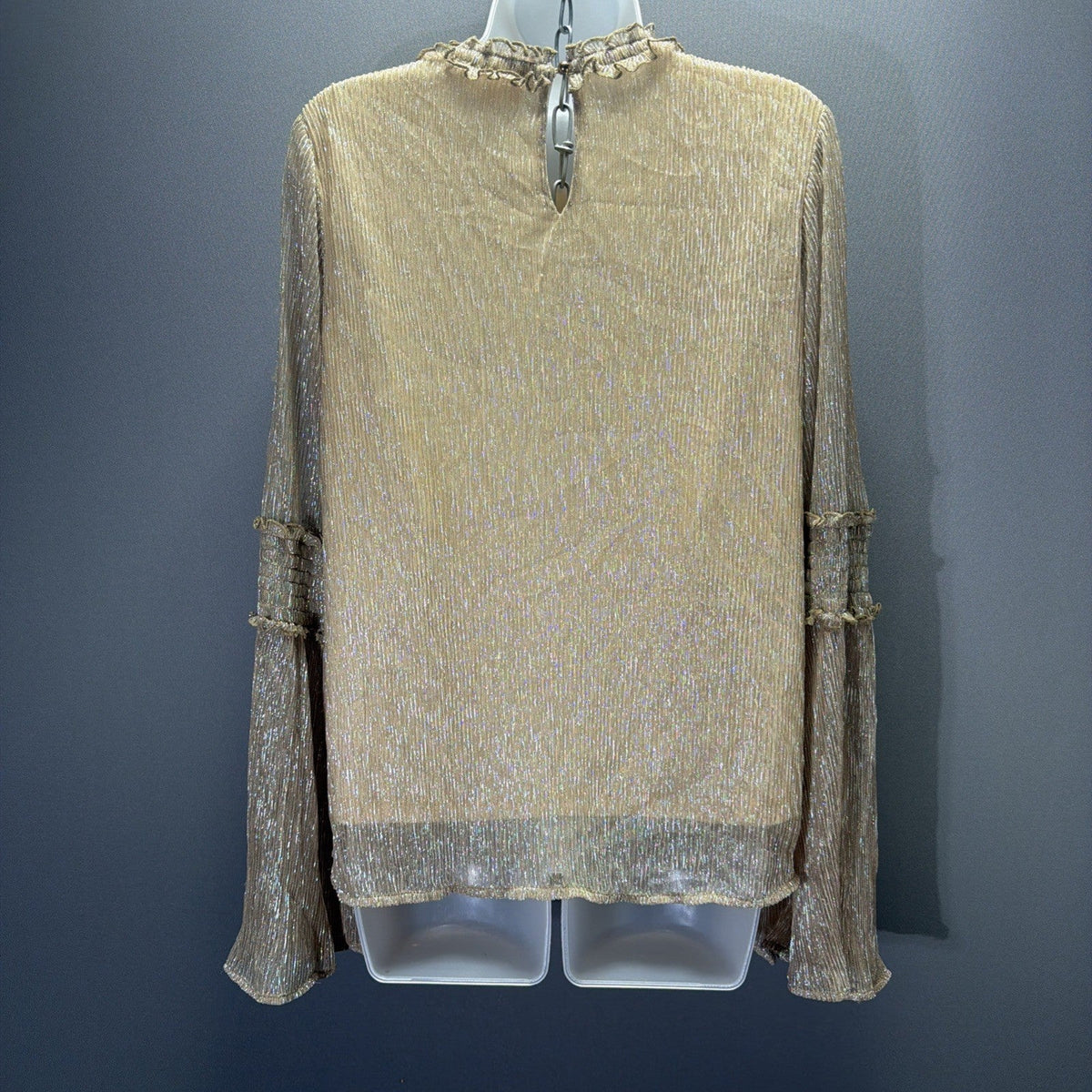 Savanna Jane Champagne Gold Metallic Bell Sleeve Boho Top Tired Ruffle Sleeve S