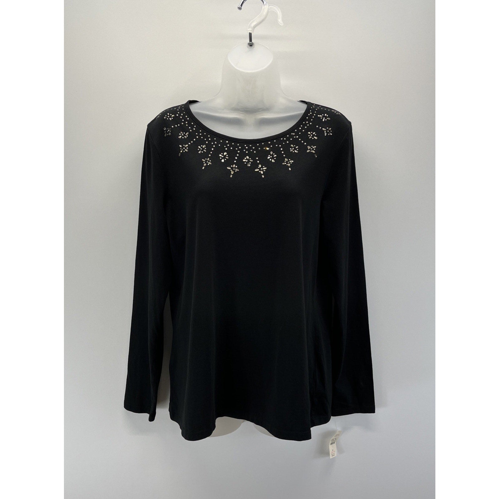 NWT Beautiful Women's M Talbots Black Sequined Design Long Sleeve Knit Top