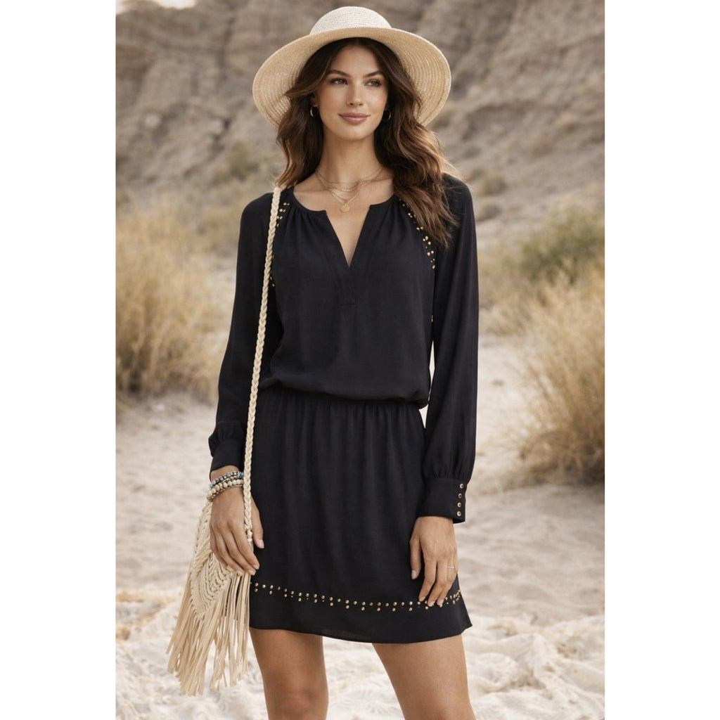 WHBM White House Black Market Black Studded Boho Dress Long Sleeve Tunic Size 2