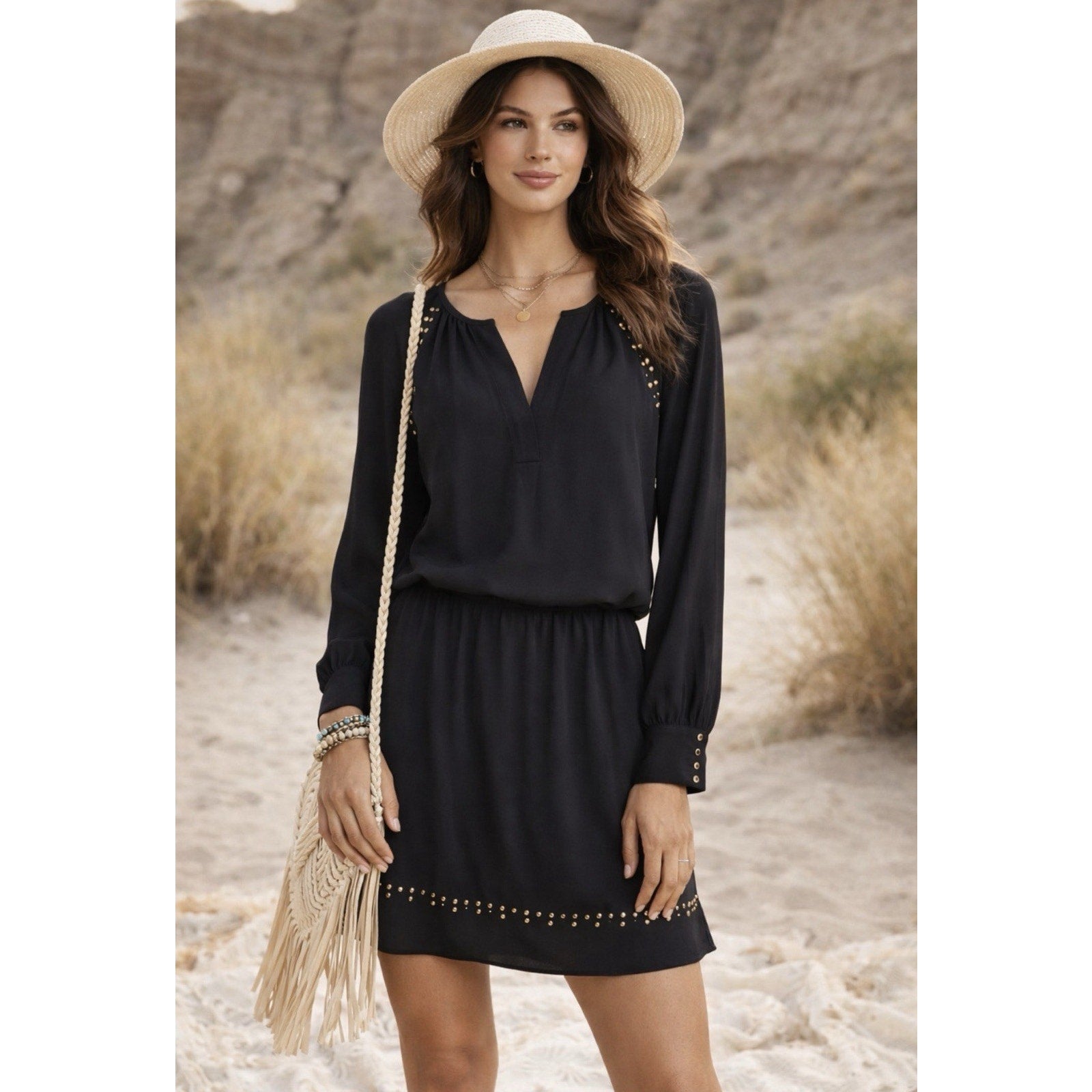 WHBM White House Black Market Black Studded Boho Dress Long Sleeve Tunic Size 2
