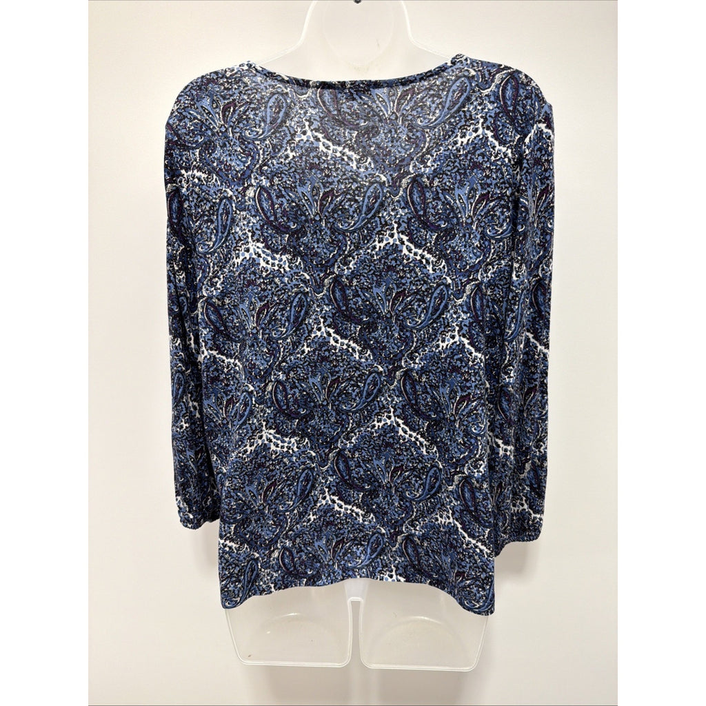 Womens Top-TALBOTS-blue/white/purple paisley rayon knit pleated neck 3/4 PXL