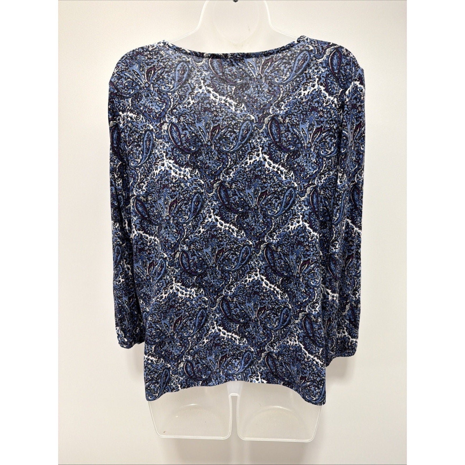 Womens Top-TALBOTS-blue/white/purple paisley rayon knit pleated neck 3/4 PXL