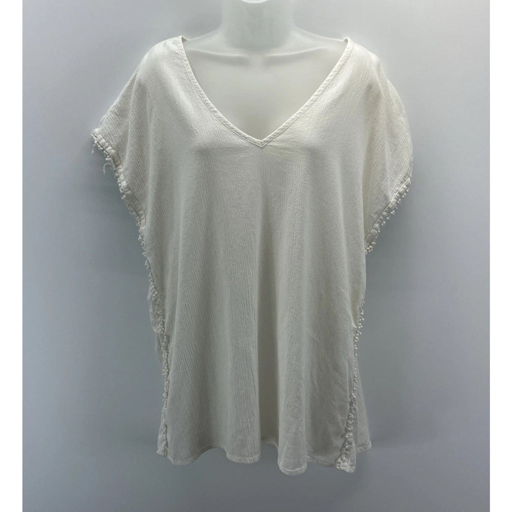J. CREW White Beaded V-neck Cotton Shirt Blouse Top Style Women Sz S M