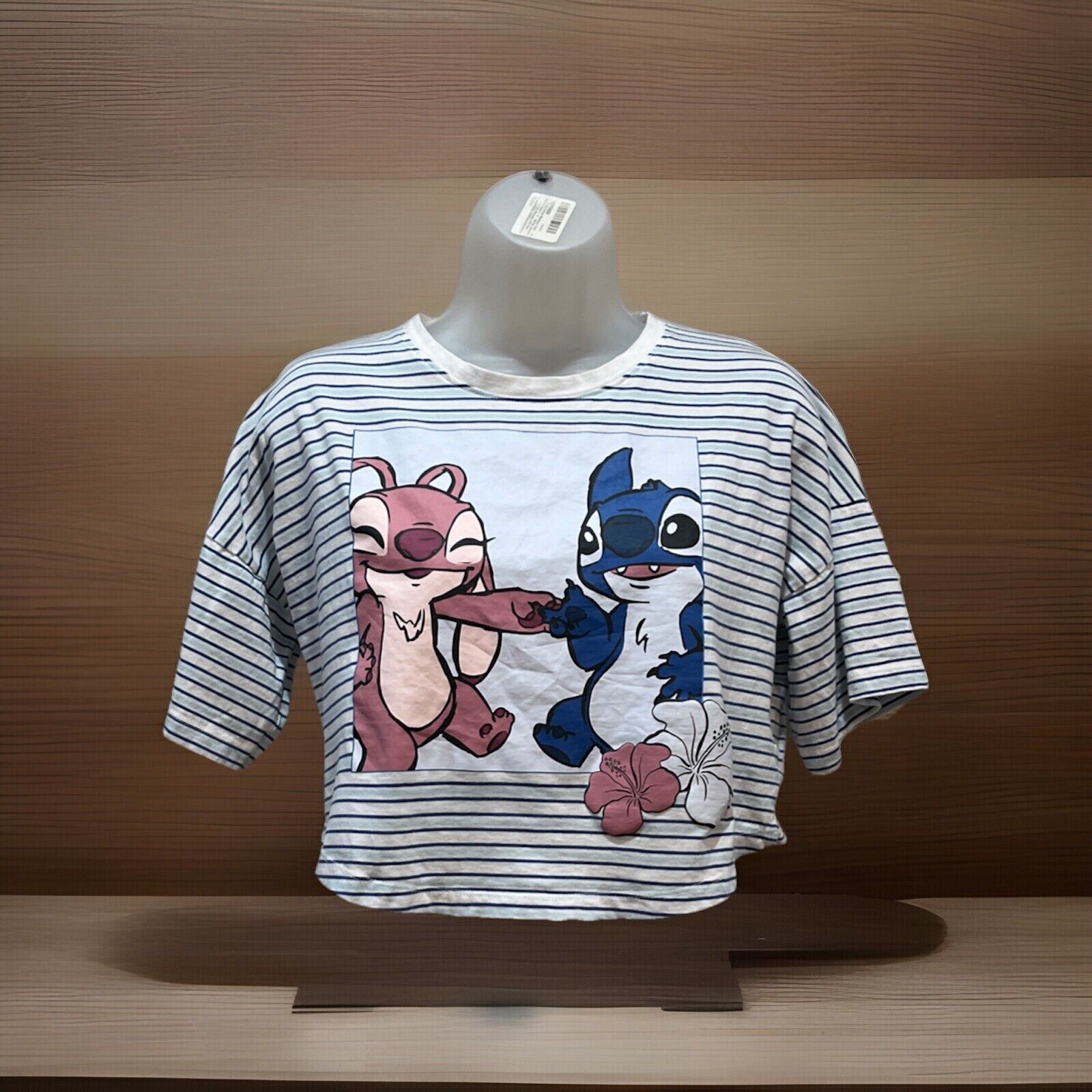 Disney's Lilo And Stitch Women’s Cropped White And Blue Striped T Shirt XXS