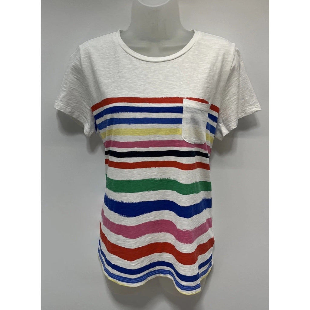 TALBOTS Woman SZ LP White 100% Cotton Multi Color Stripe Short Sleeve