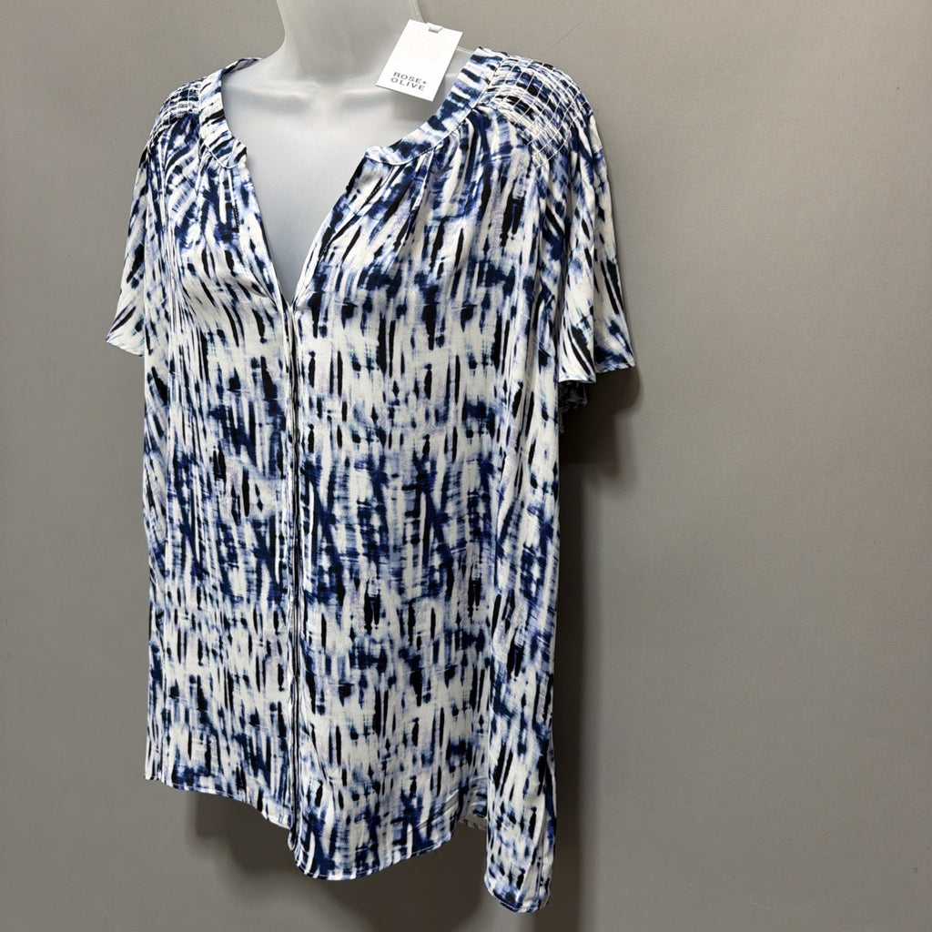 Rose+Olive Button Front Top Womens 1X Plus Size Blue Tie Dye Abstract NWT Career