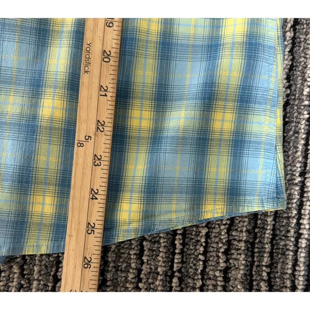 Cabela’s Women L Blue Yellow Plaid Button Down Shirt Short Sleeve Stretch Cotton