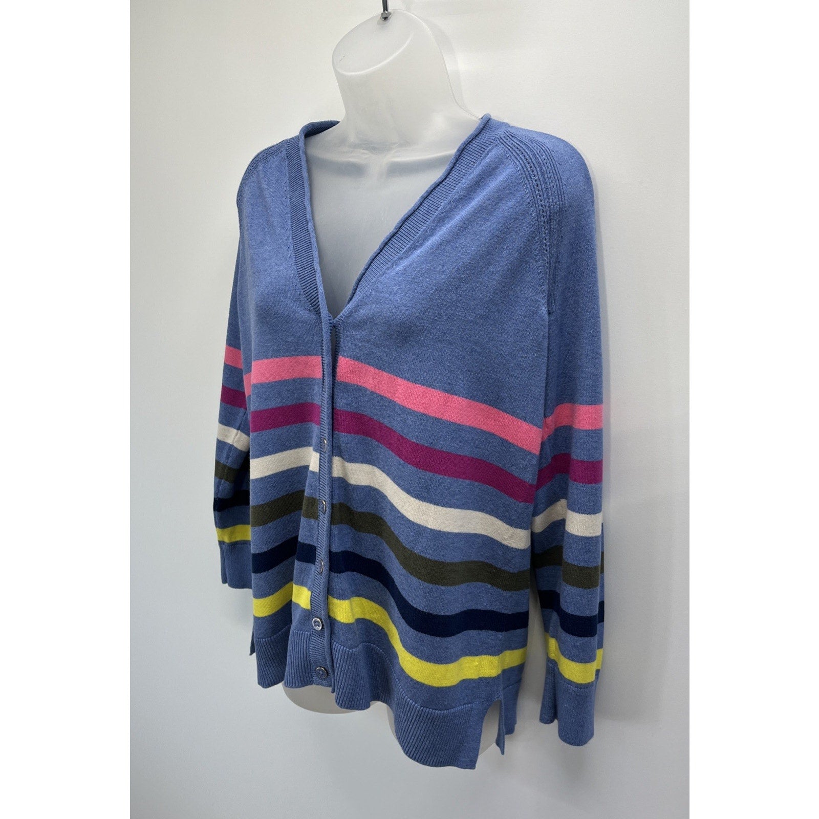 Talbots Girlfriend Cardigan Colorful Stripe Women’s M Petite Periwinkle Blue