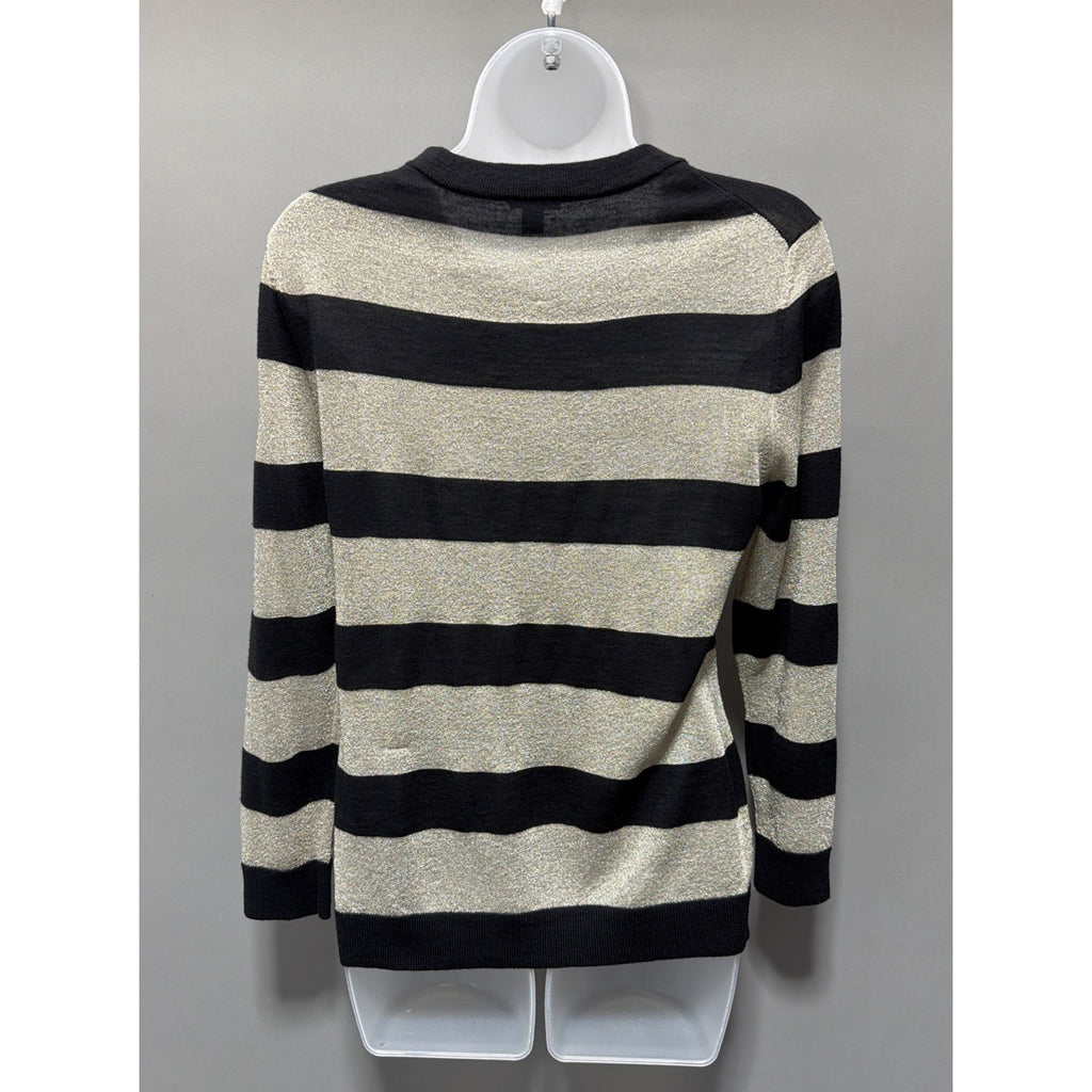 Ann Taylor Extra Fine Merino Wool Metallic Cardigan Black & Gold Stripes Size M