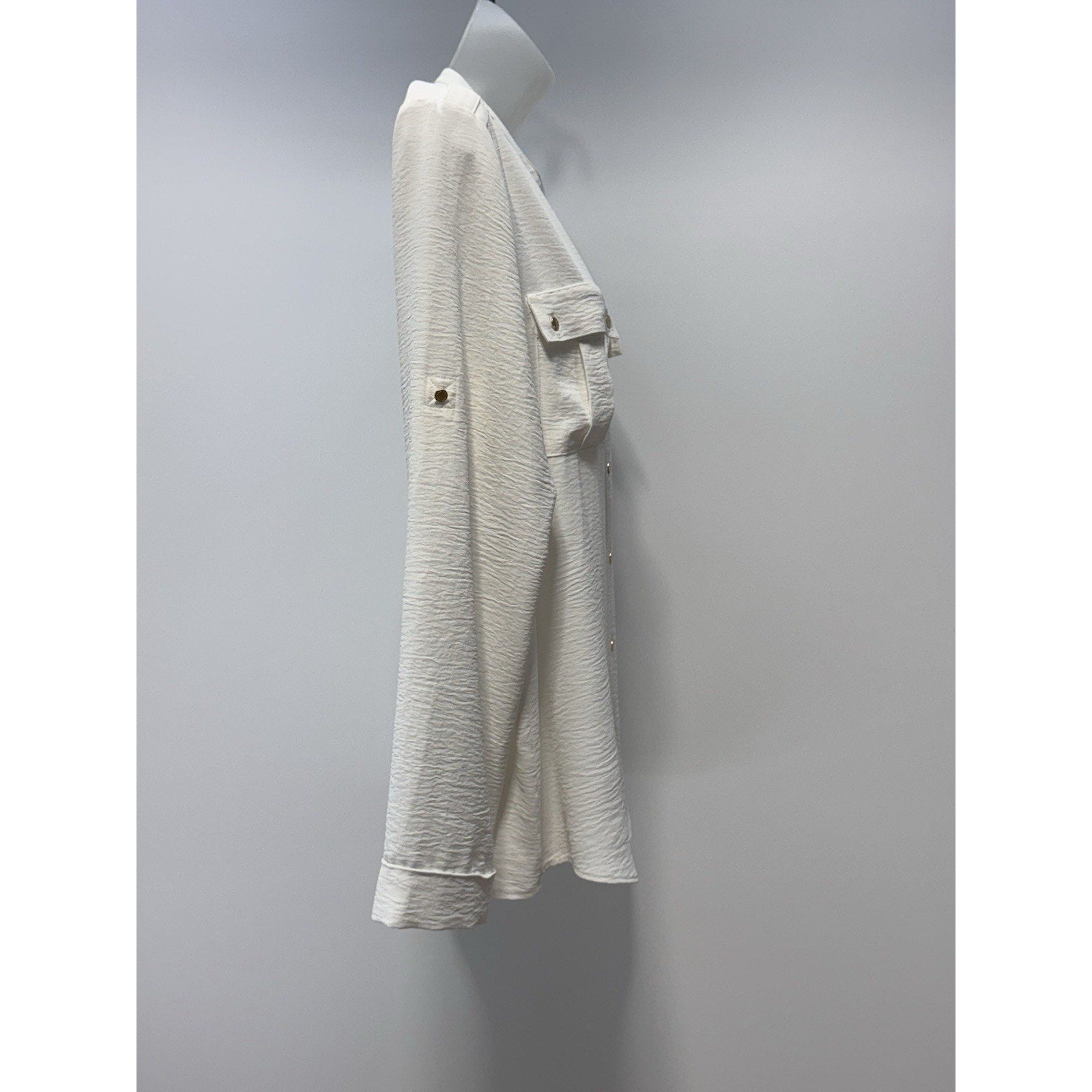 CALVIN KLEIN Ivory Button Down Blouse Pockets Crinkled Polyester Women’s Size L