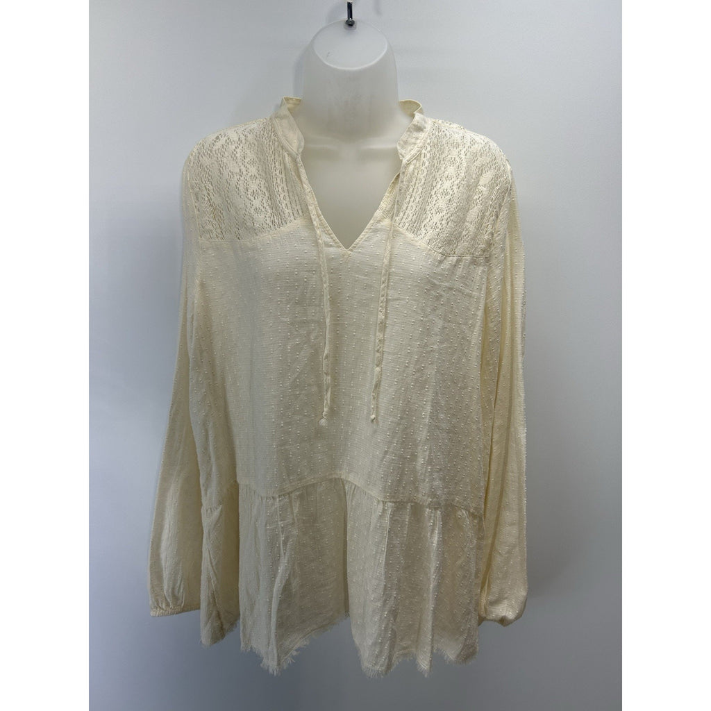 True Craft Women Atlas Ivory Pleated V Neck Crochet Gauze Top Size Large.