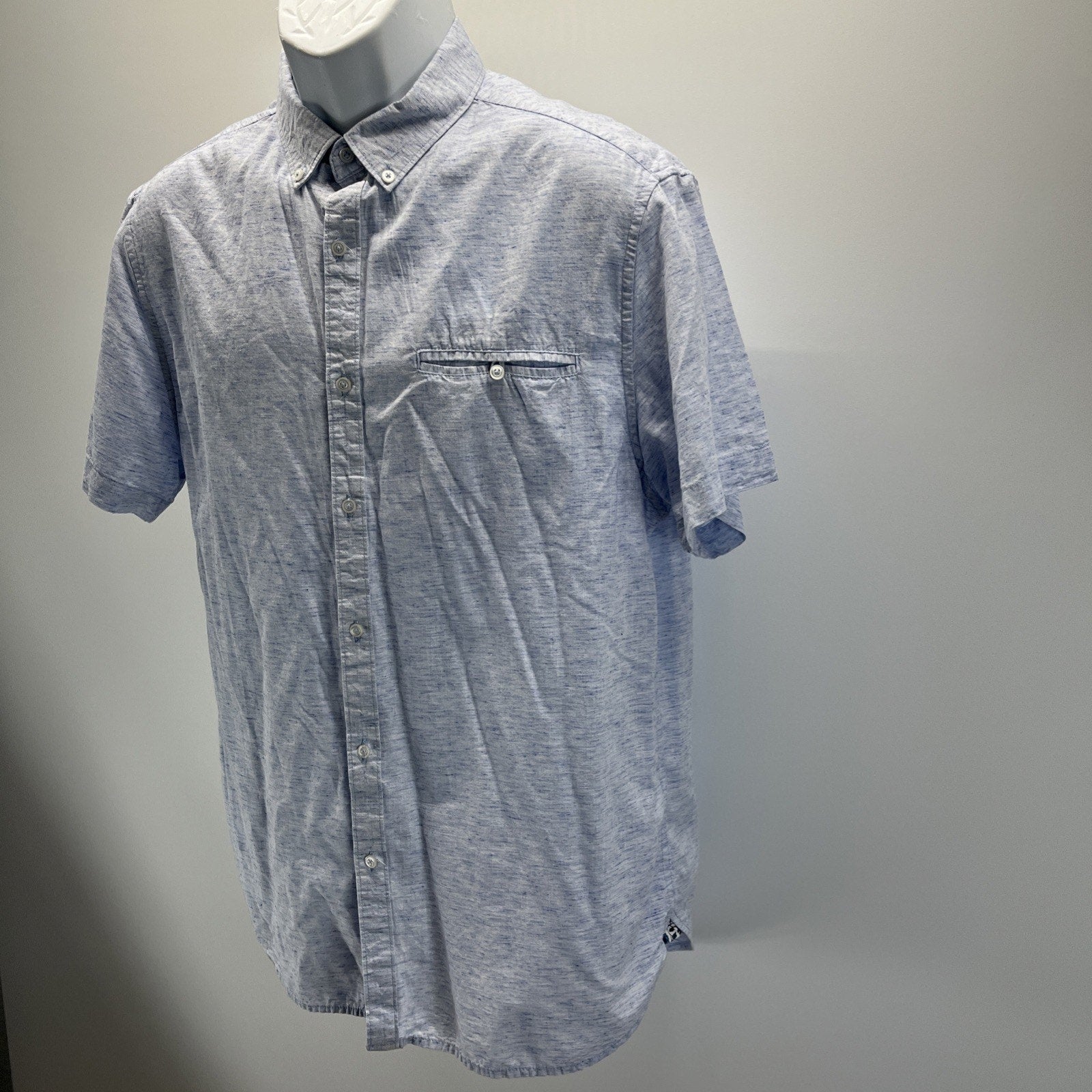 Denim And Flower Chambray Men Slim Fit Button Down Short Sleeve Cotton Shirt L