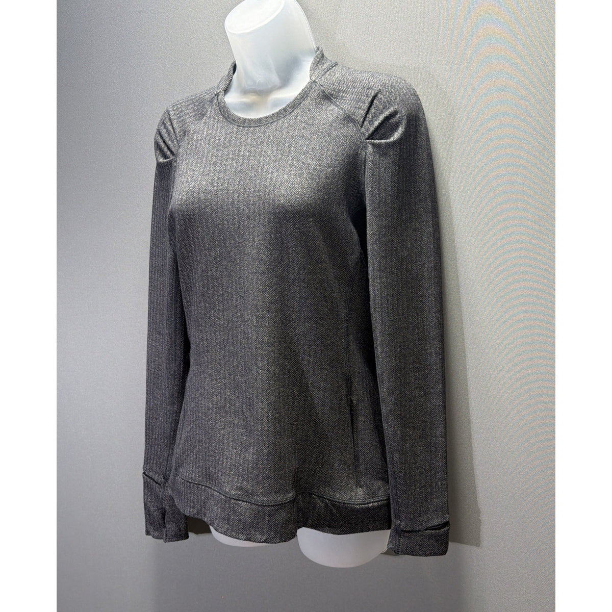 Lululemon Think Fast Long Sleeve Top Womens 8 Gray Herringbone Rulu Thumbholes