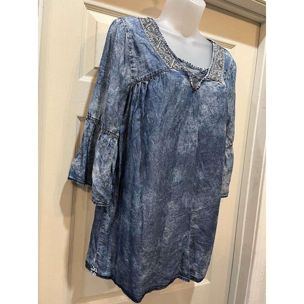 Signature 1 Studio Blue Denim Print Embellished 3/4 Ruffled Sleeve Top Women's M