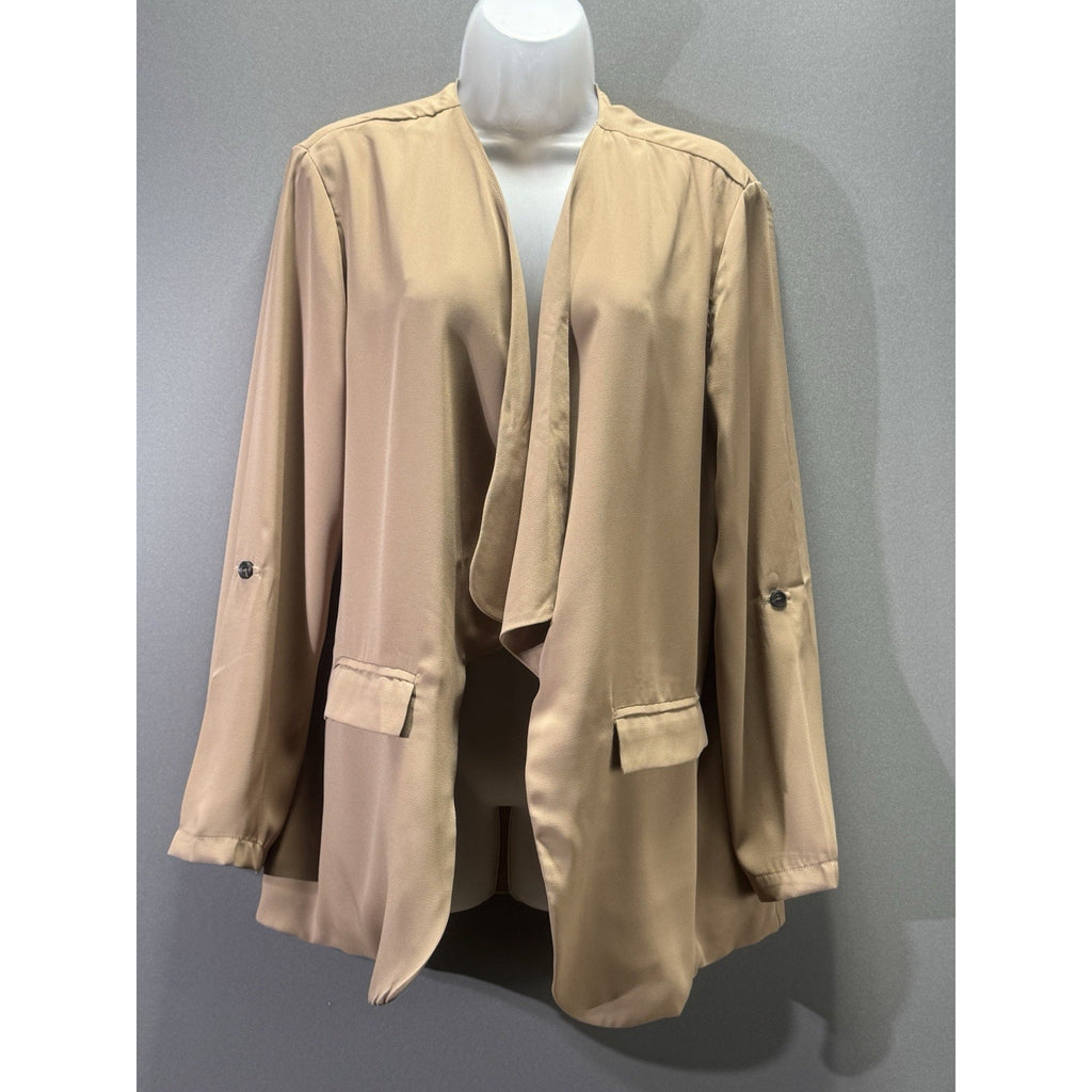 Yesfashion Womens Blazer L Camel Tan Open Front Draped Jacket NWT Lightweight