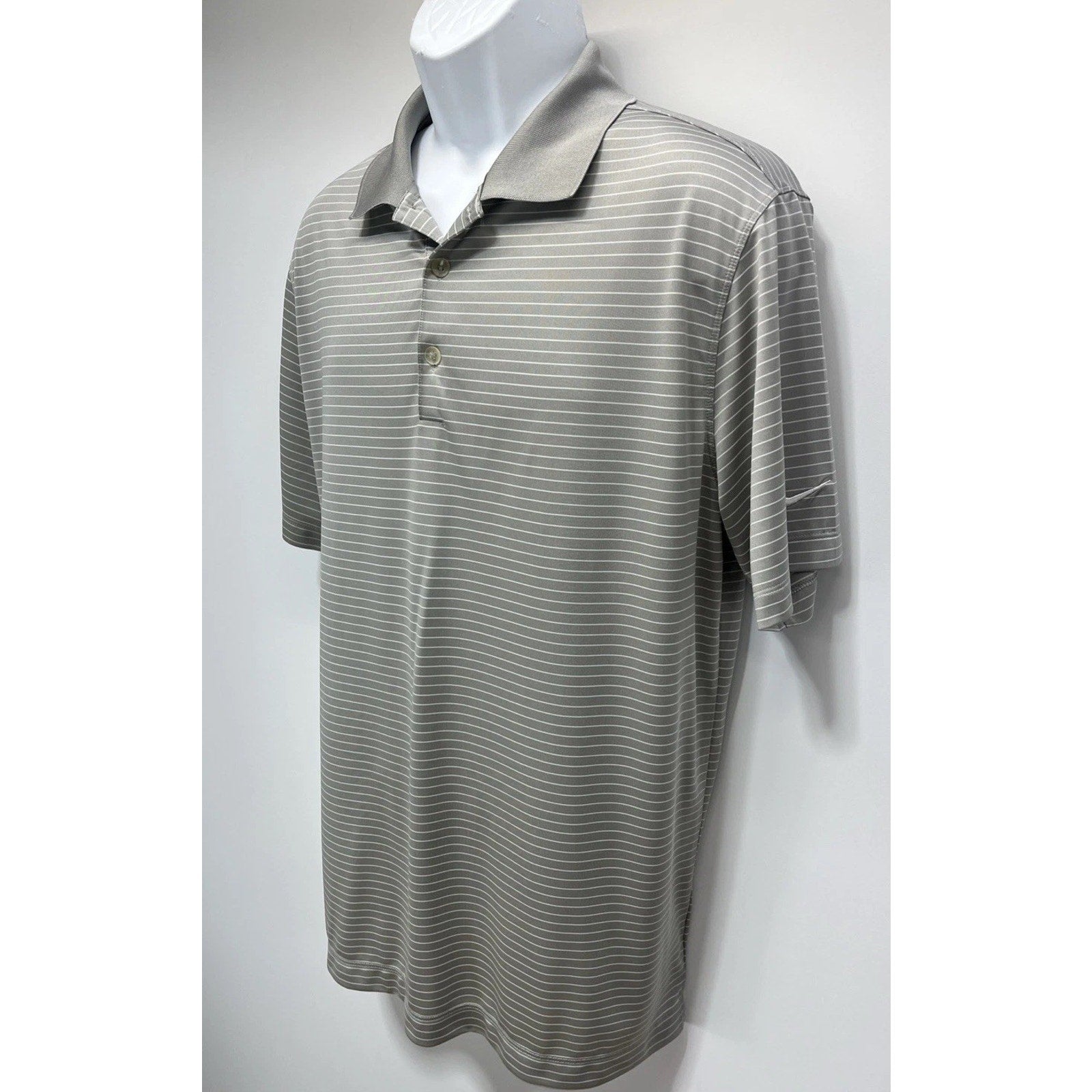 Nike Golf Shirt Mens Large Gray White Stripe Dri Fit Polo Tour Performance