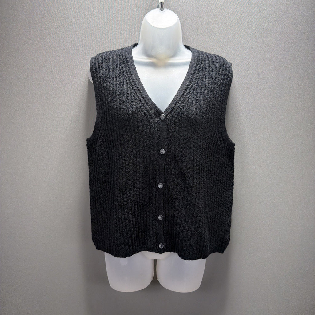 Vintage Eddie Bauer Sweater Women's Medium Black Linen Blend Knit Cardigan Vest
