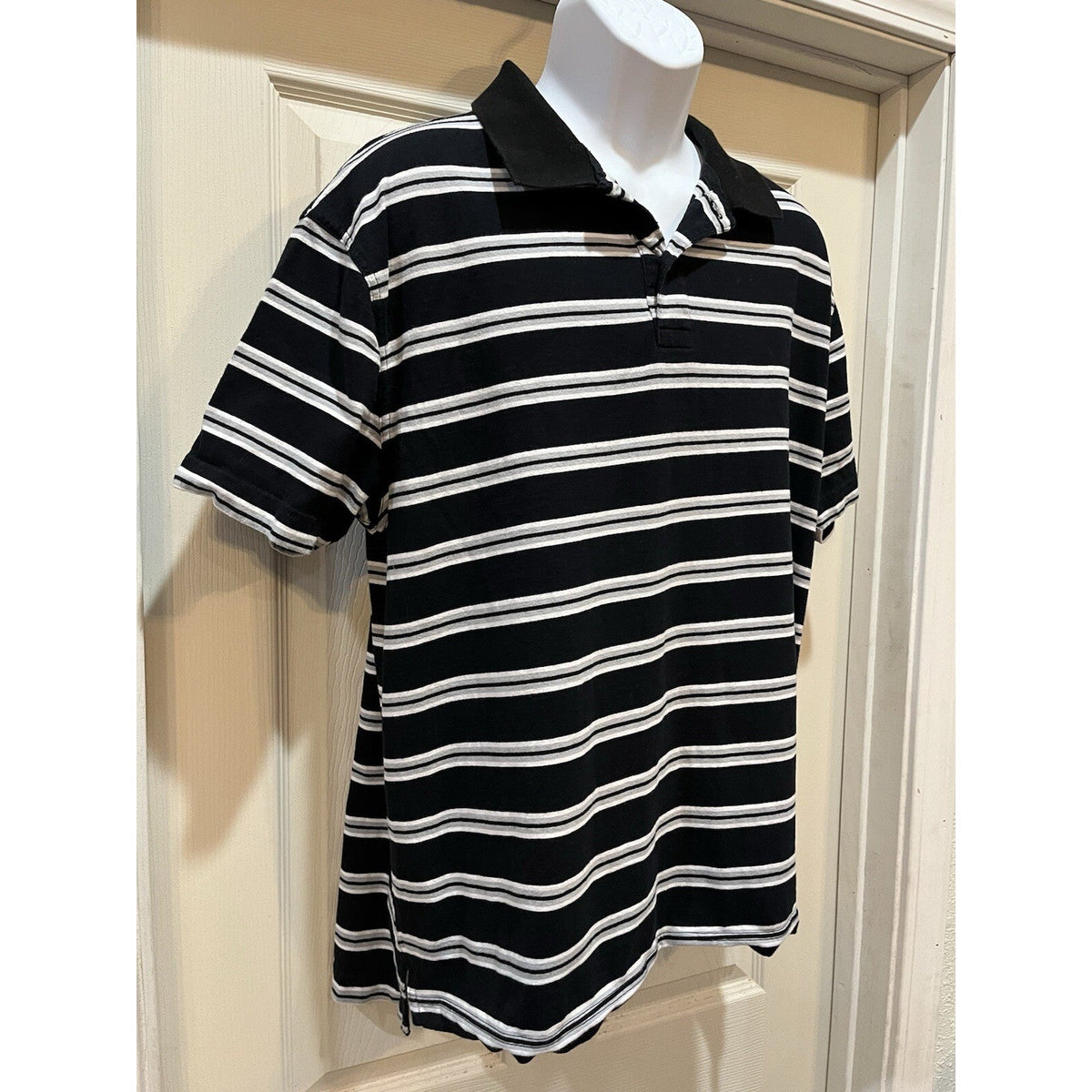 St Johns Bay Black Stripe Performance Polo Men's Size X-Large Preppy Cotton